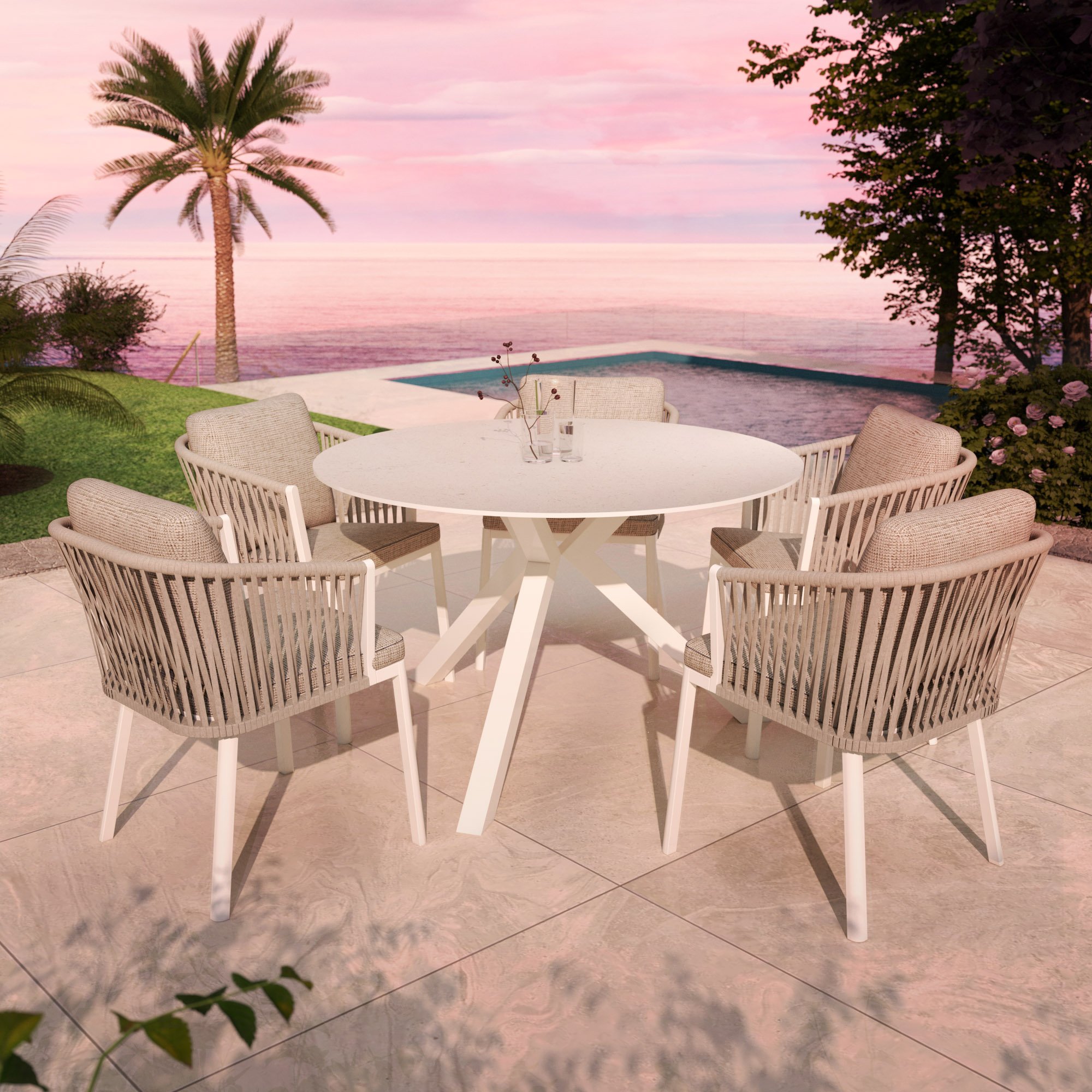 Table de jardin ronde en aluminium et céramique 6 places (D120 cm) Kore Blanc