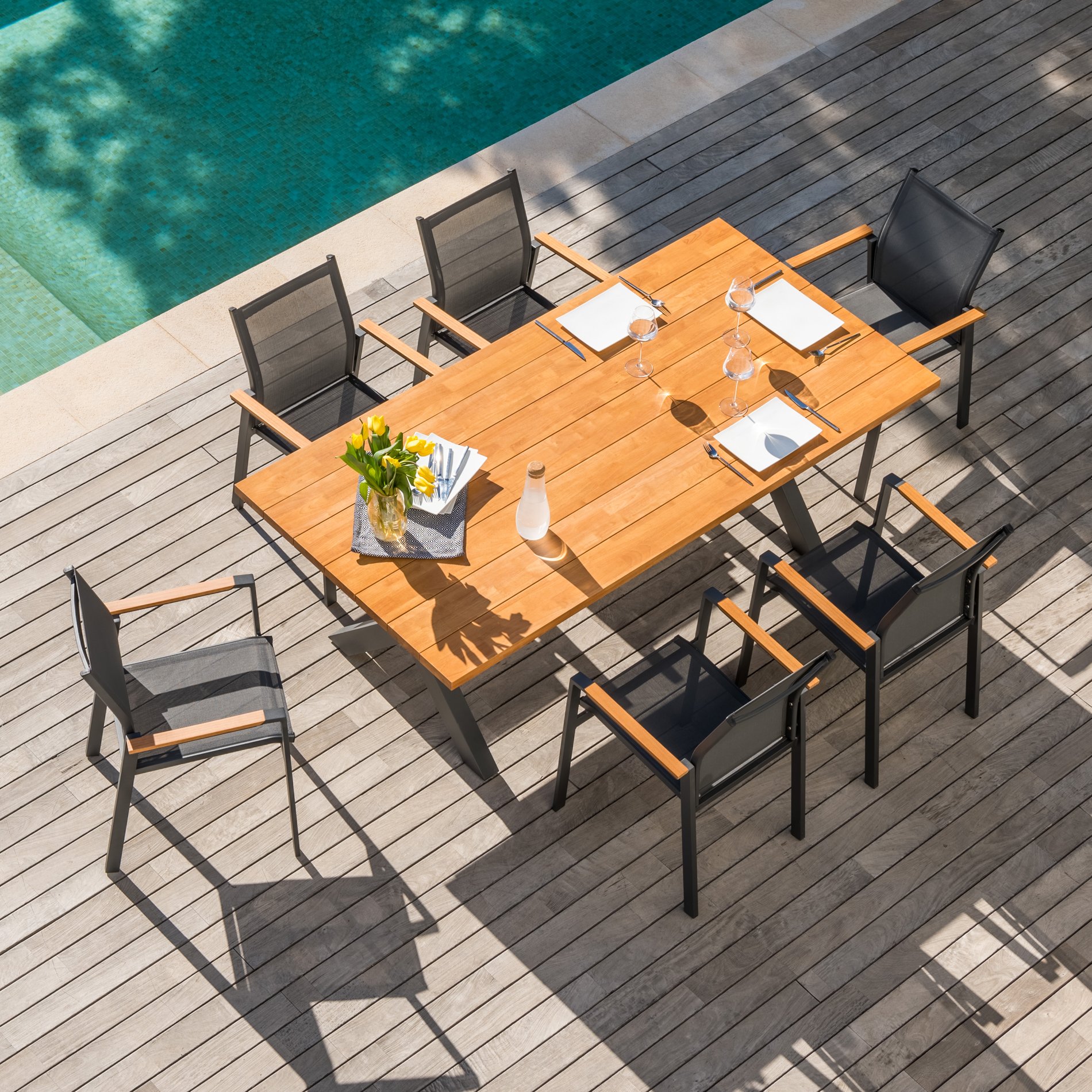 Table de jardin en aluminium et bois teck 8 places (200 x 100 cm) Bali Gris anthracite