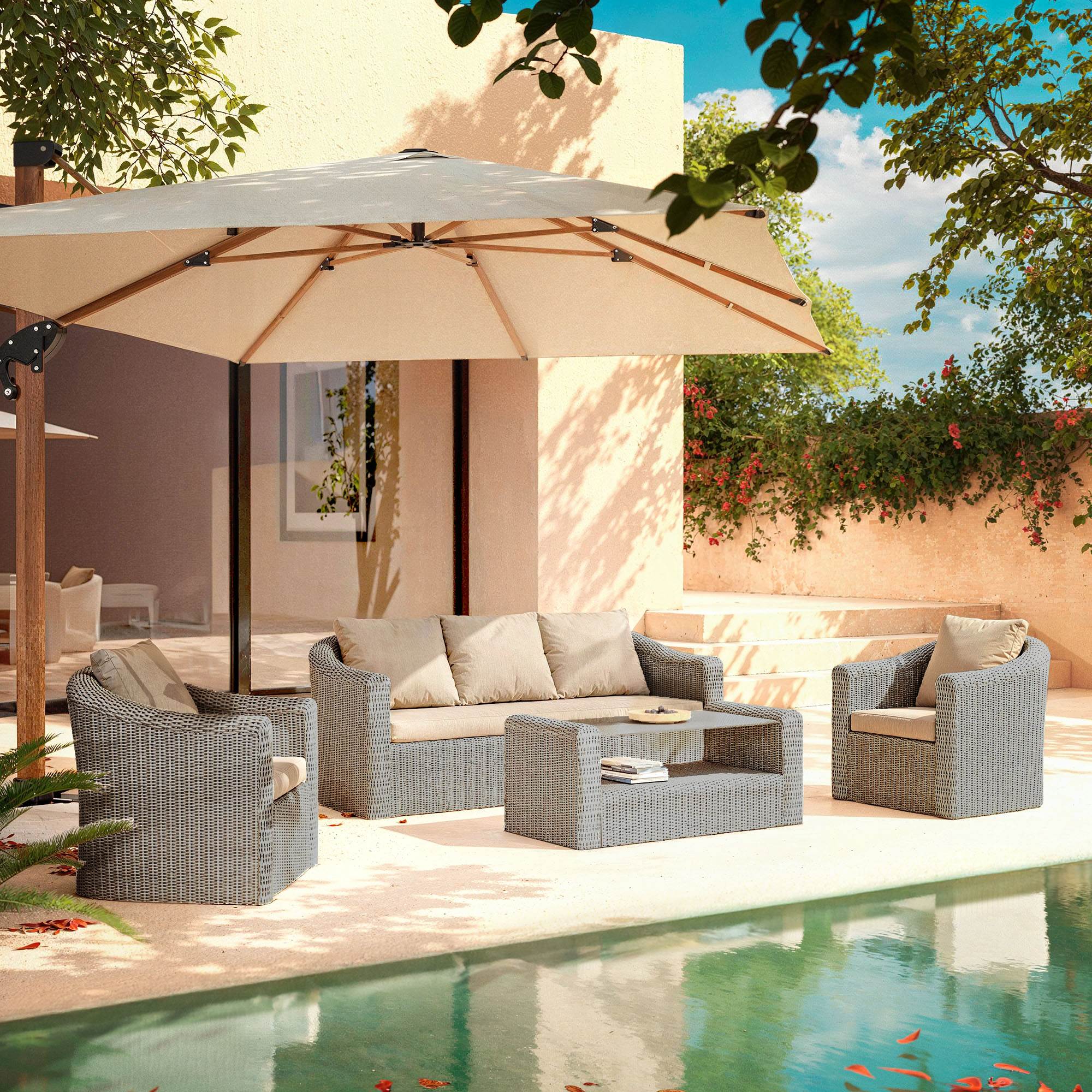 Salon de jardin en résine tressée 5 places 4 pcs Calvi Gris et taupe