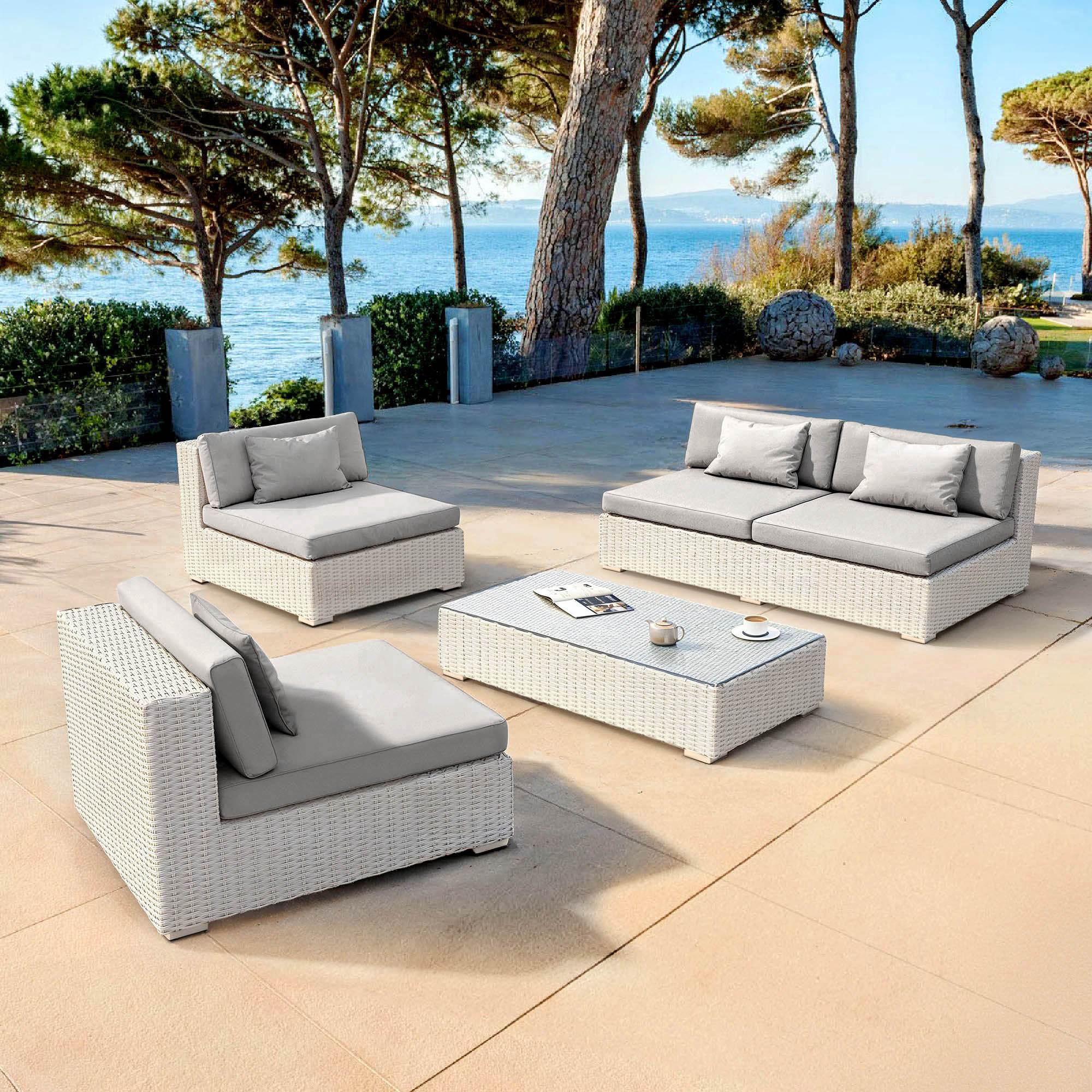 Salon de jardin en résine tressée 4 places 4 pcs Palma Blanc et gris