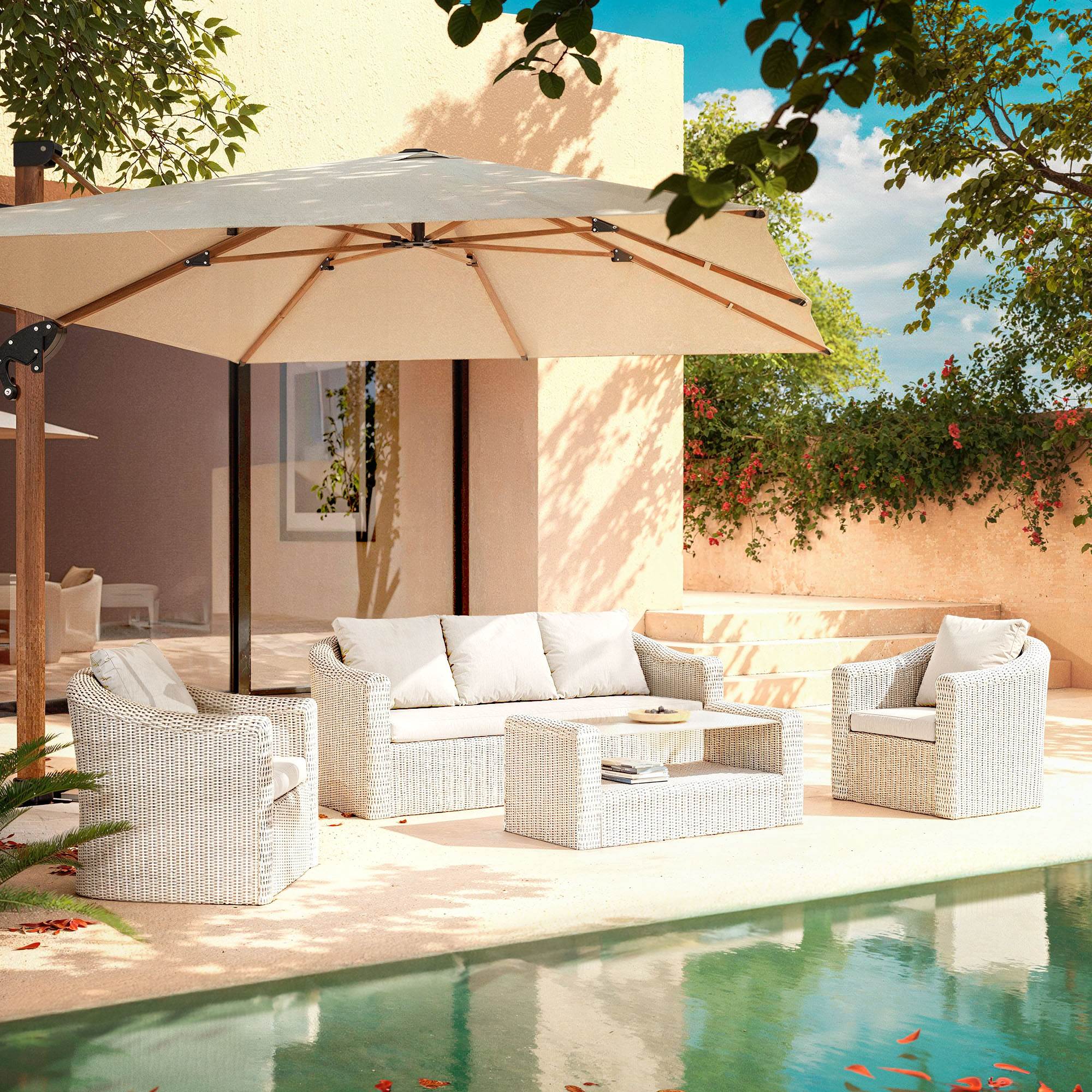 Salon de jardin en résine tressée 5 places 4 pcs Calvi Blanc