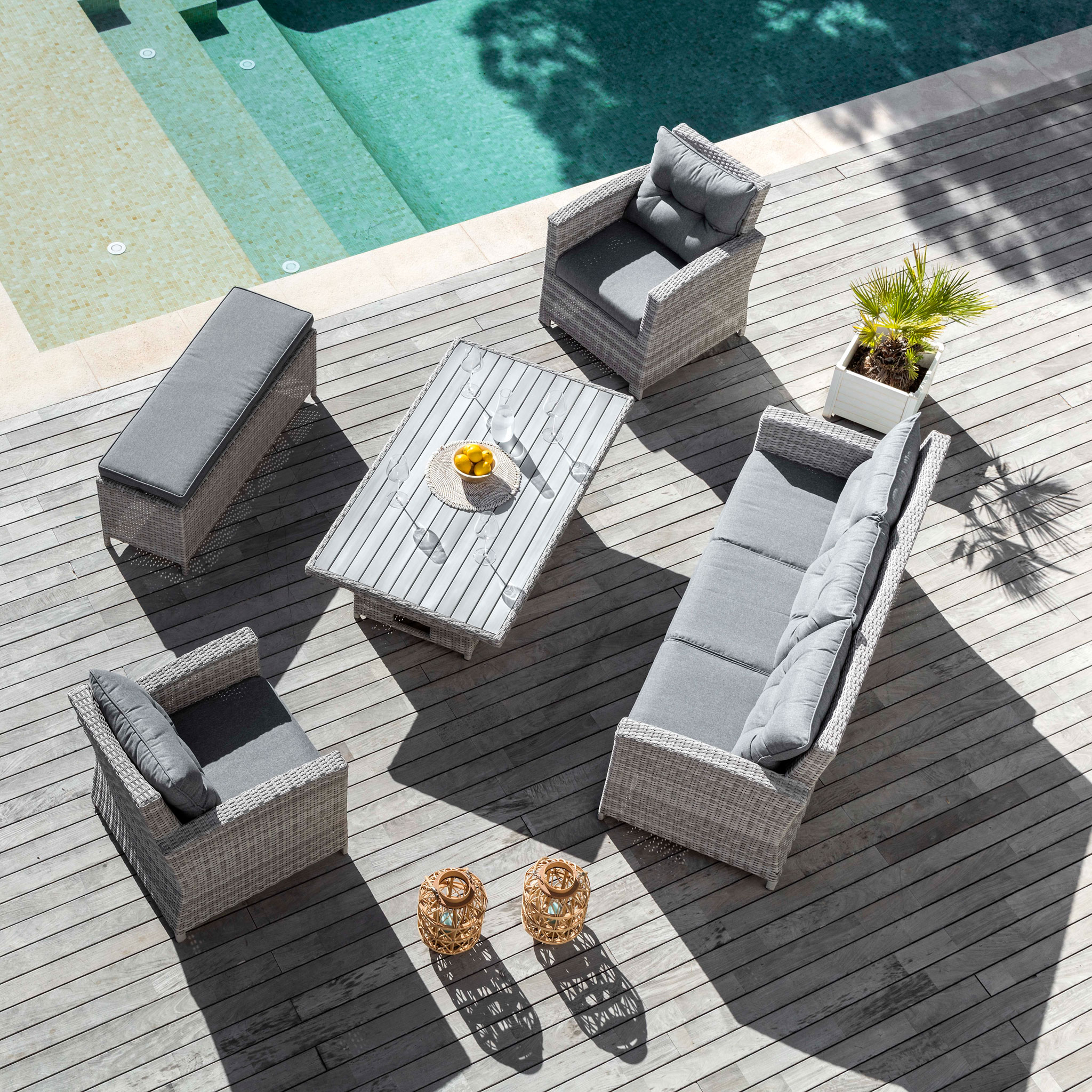 Table de jardin relevable en aluminium 7 places (145 x H51/72 cm) Tivoli Gris