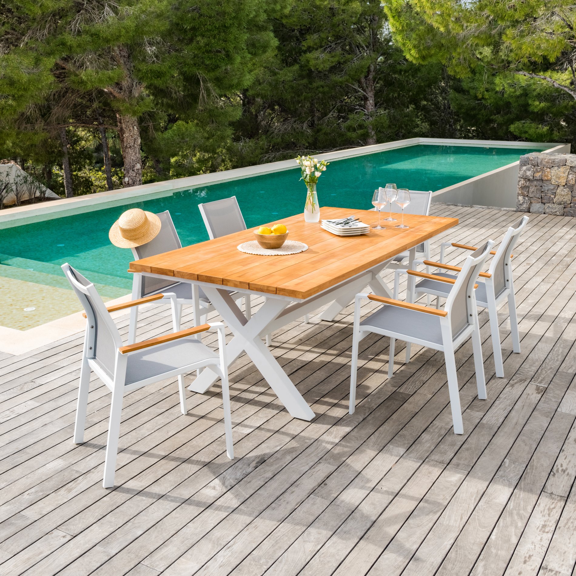Table de jardin en aluminium et bois teck 8 places (200 x 100 cm) Bali Blanc