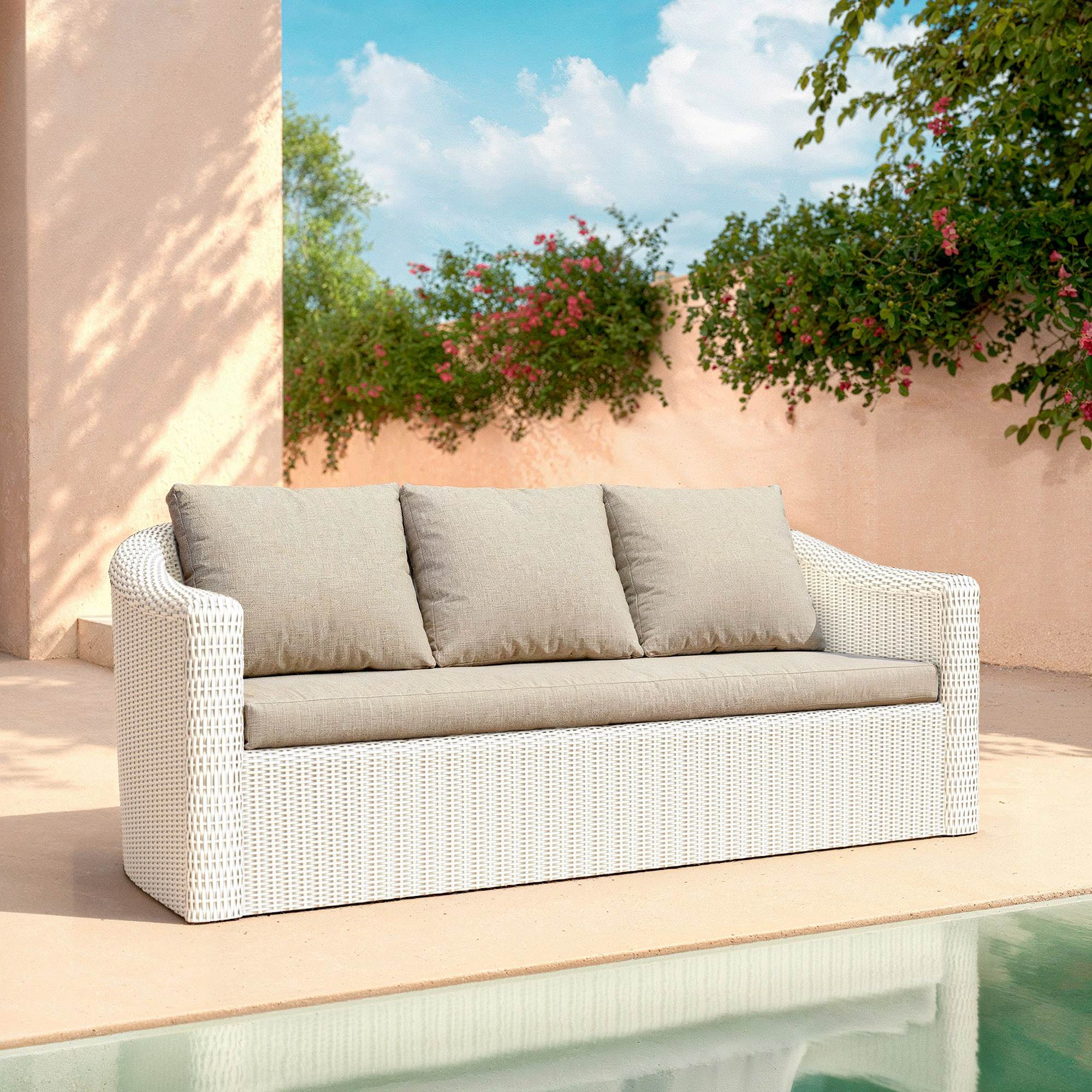 Salon de jardin en résine tressée 5 places 4 pcs Calvi Blanc et taupe