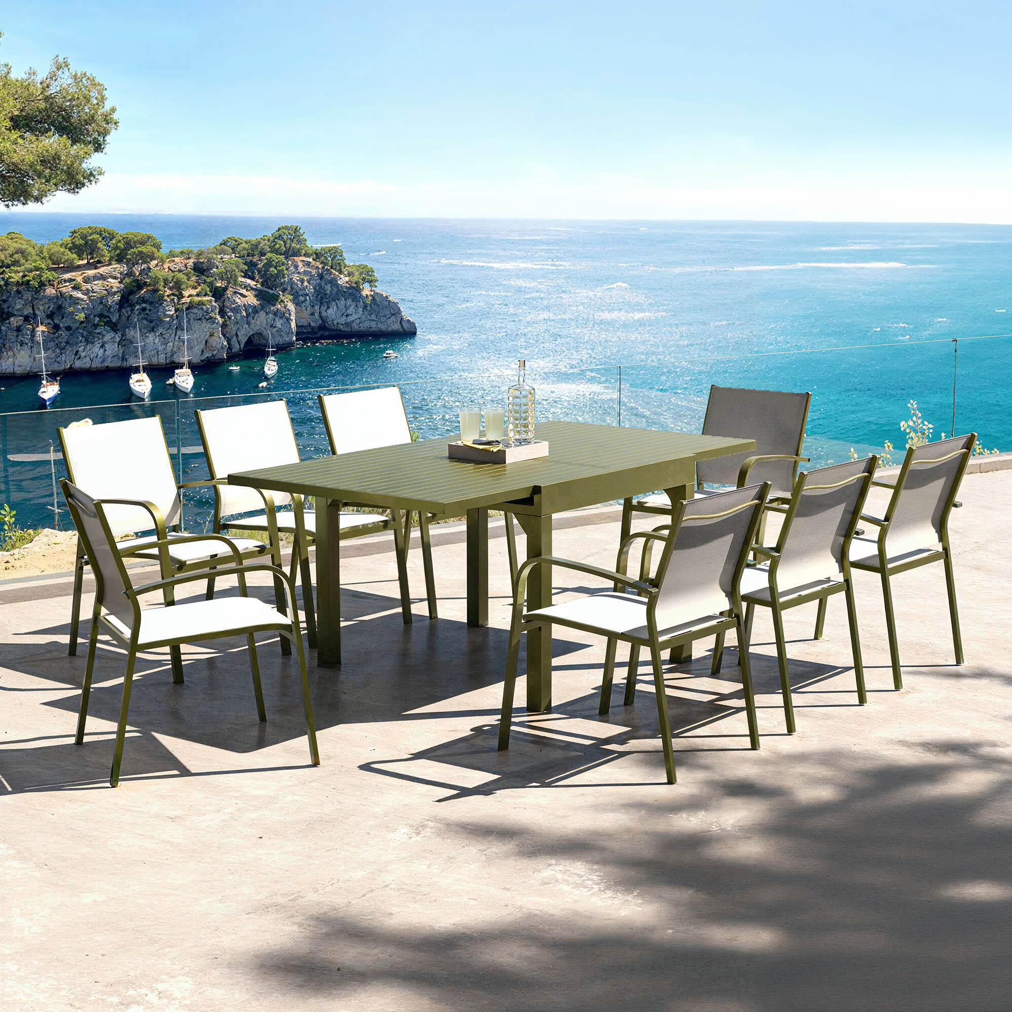 Table de jardin extensible en aluminium 8 places (90/180 x 90 cm) Murano Vert olive
