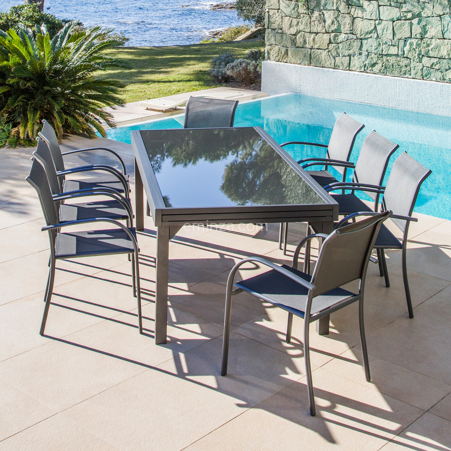 Table de jardin extensible en verre 10 places (135/270 x 90 cm) Murano Gris anthracite