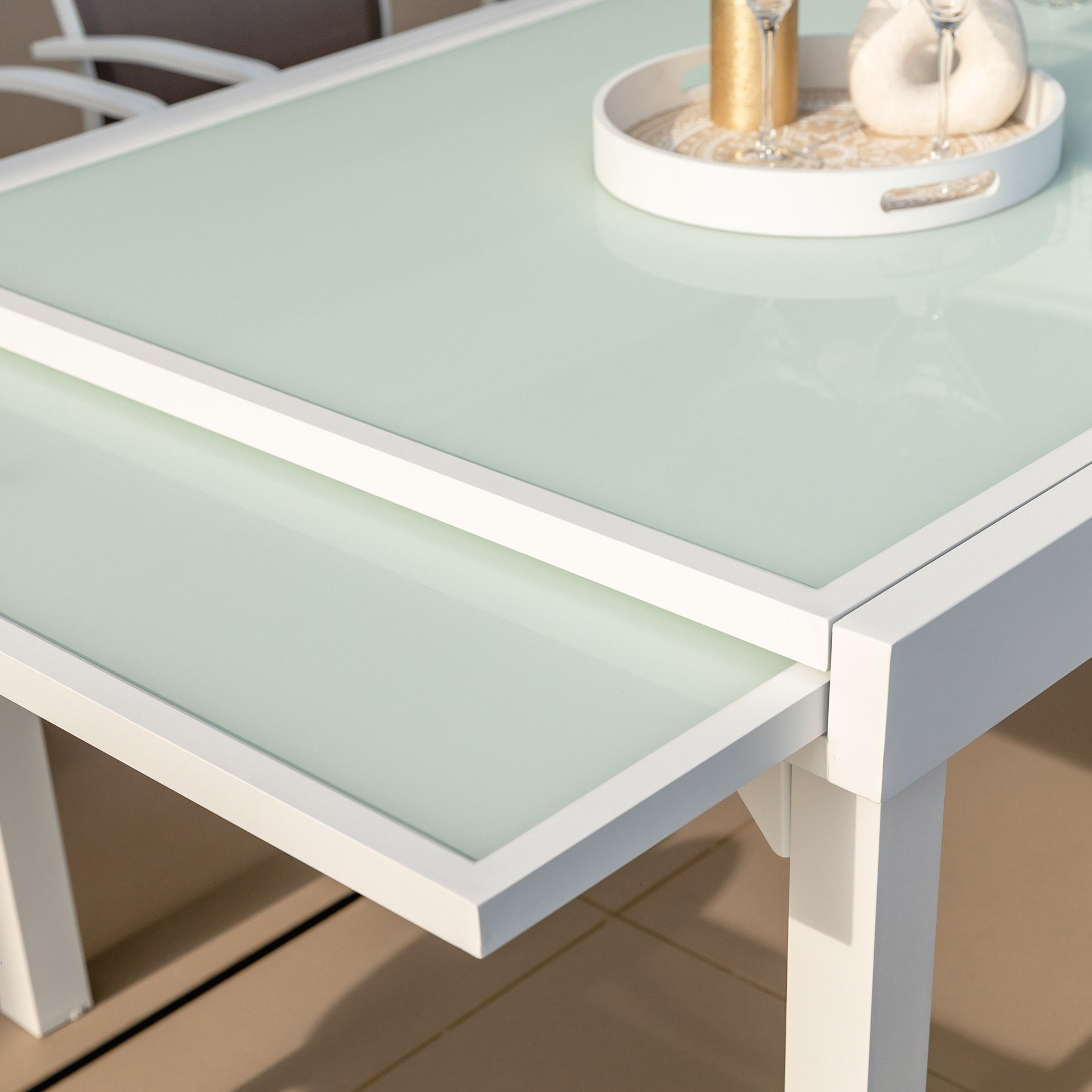 Table de jardin extensible en verre 10 places (135/270 x 90 cm) Murano Blanc