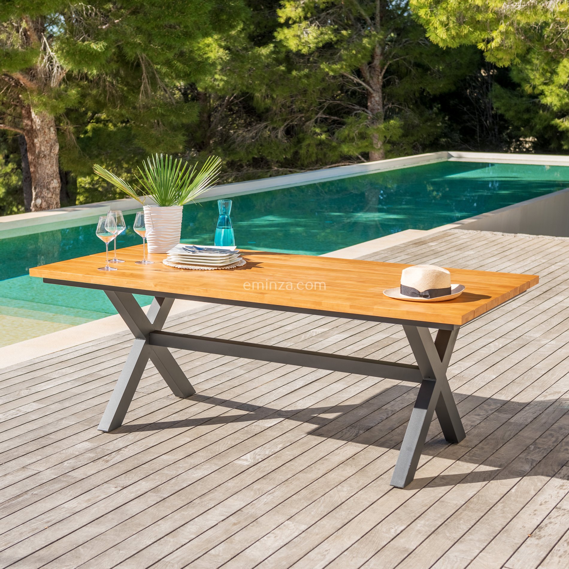Table de jardin en aluminium et bois teck 8 places (200 x 100 cm) Bali Gris anthracite