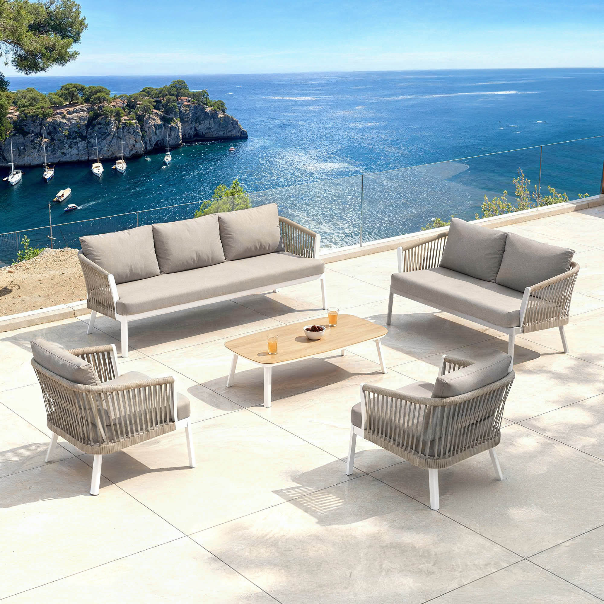 Salon de jardin en aluminium 7 places 5 pcs Amalfi Blanc et taupe