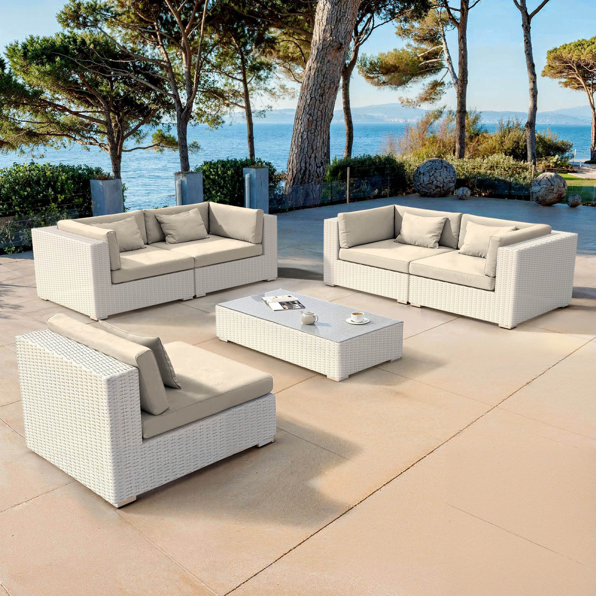 Salon de jardin en résine tressée 5 places 6 pcs Palma Blanc et beige
