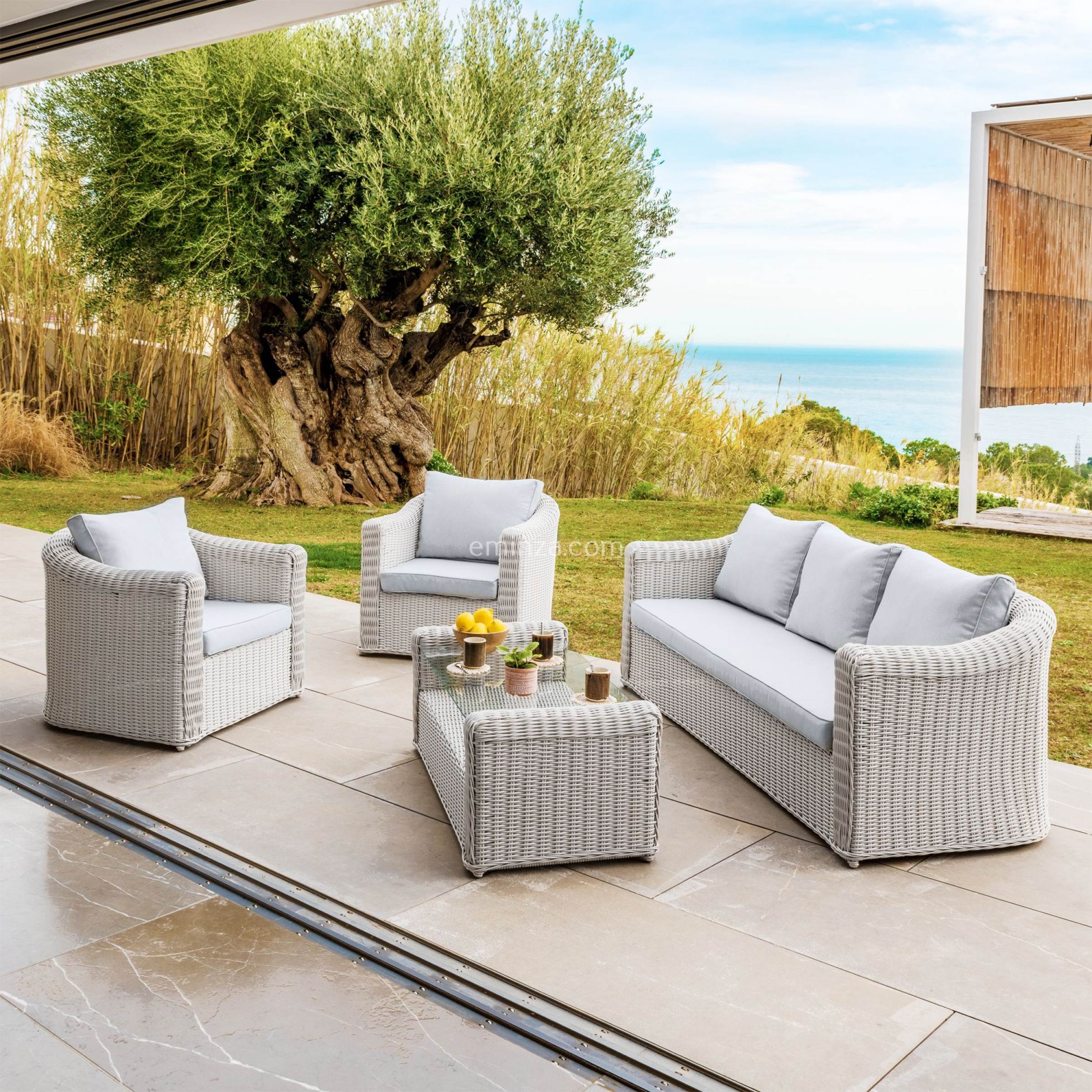 Salon de jardin en résine tressée 5 places 4 pcs Calvi Blanc et gris clair