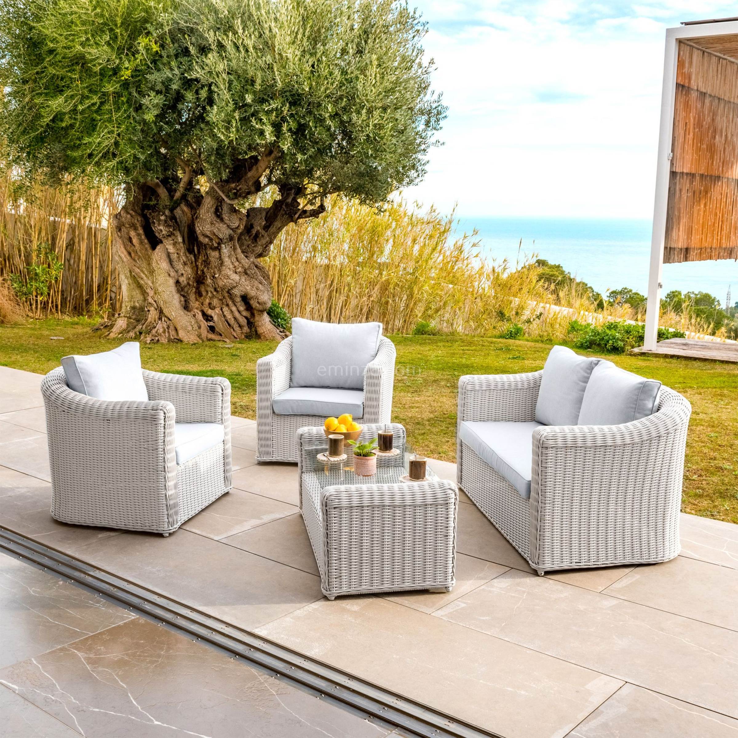 Salon de jardin en résine tressée 4 places 4 pcs Calvi Blanc et gris clair