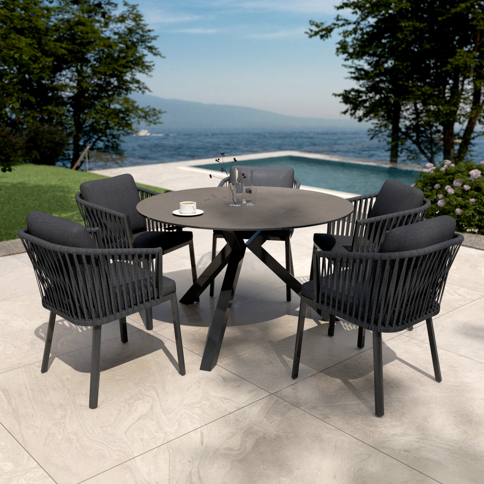 Table de jardin ronde en aluminium et céramique 6 places (D120 cm) Kore Gris anthracite