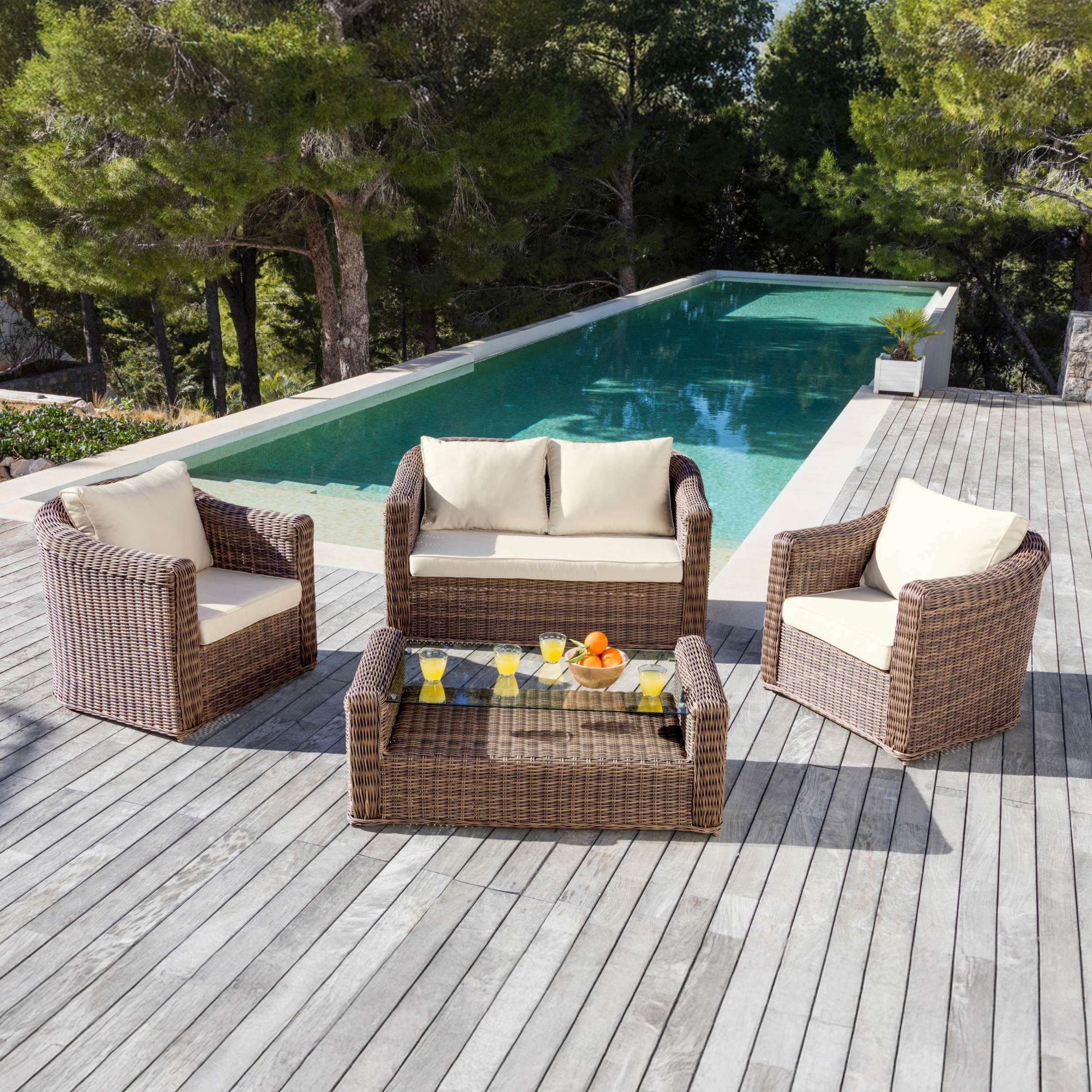 Salon de jardin en résine tressée 4 places 4 pcs Calvi Sepia et beige