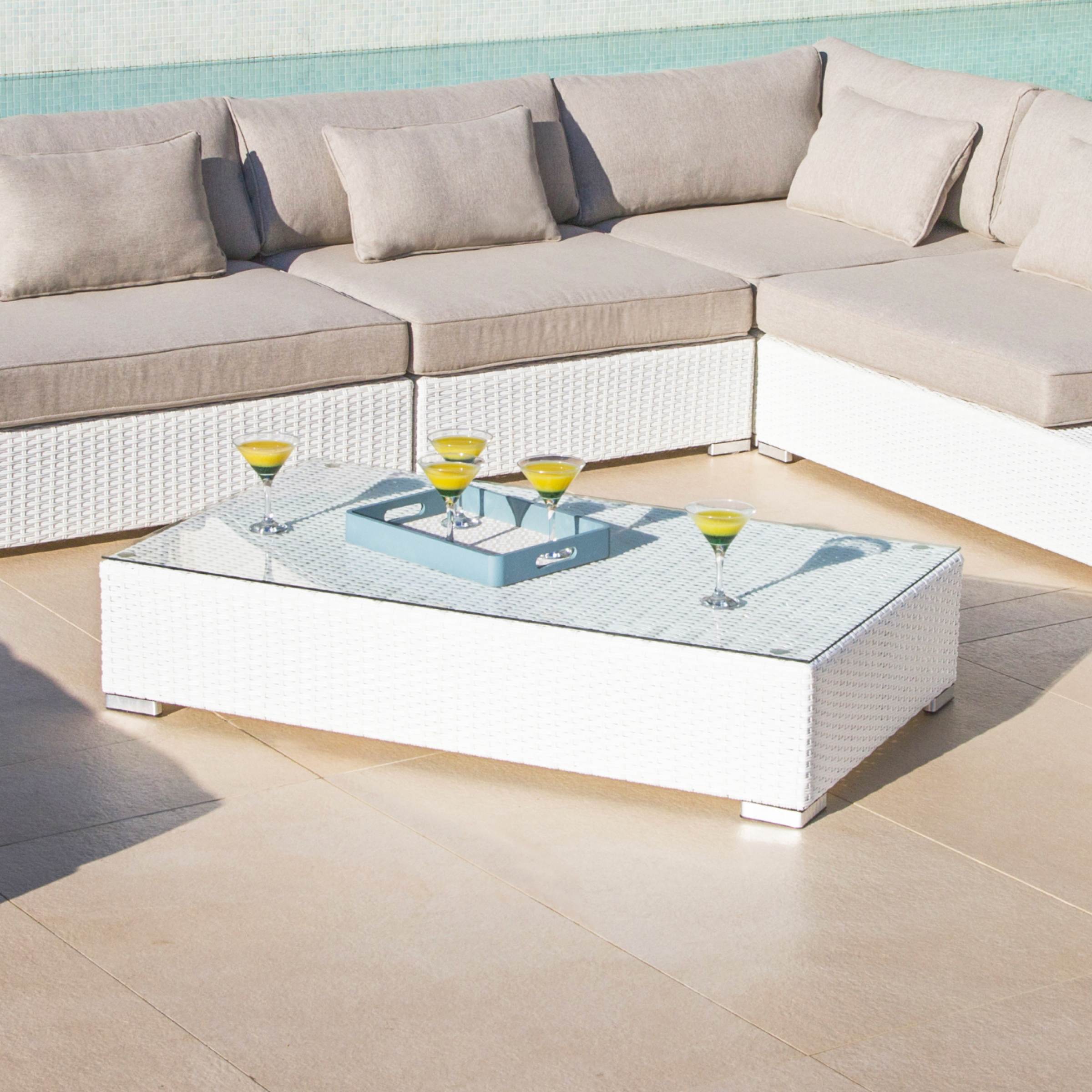 Salon de jardin d'angle en résine tressée 5 places Palma Blanc et taupe