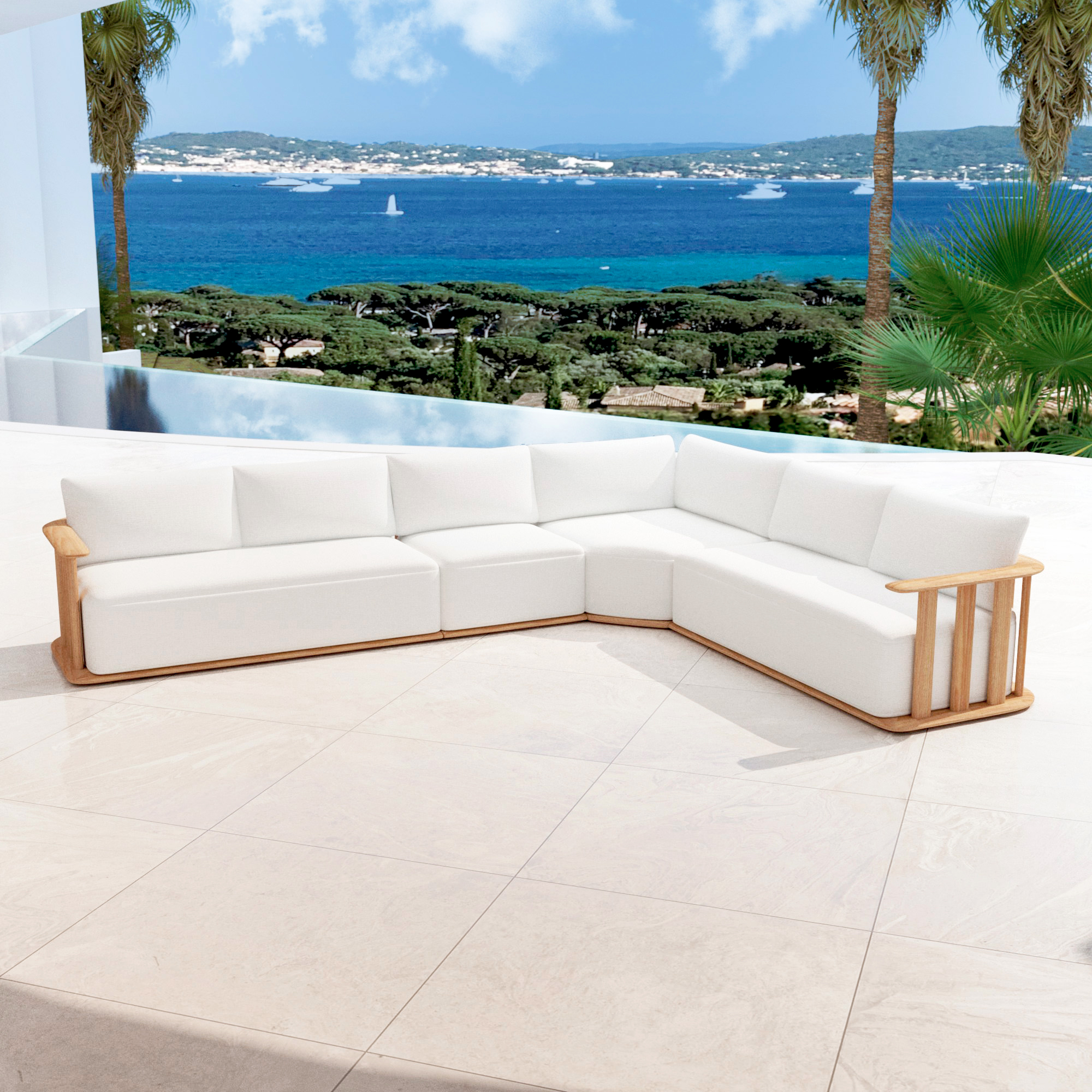 Salon de jardin d'angle en bois teck 6 places Java Ecru