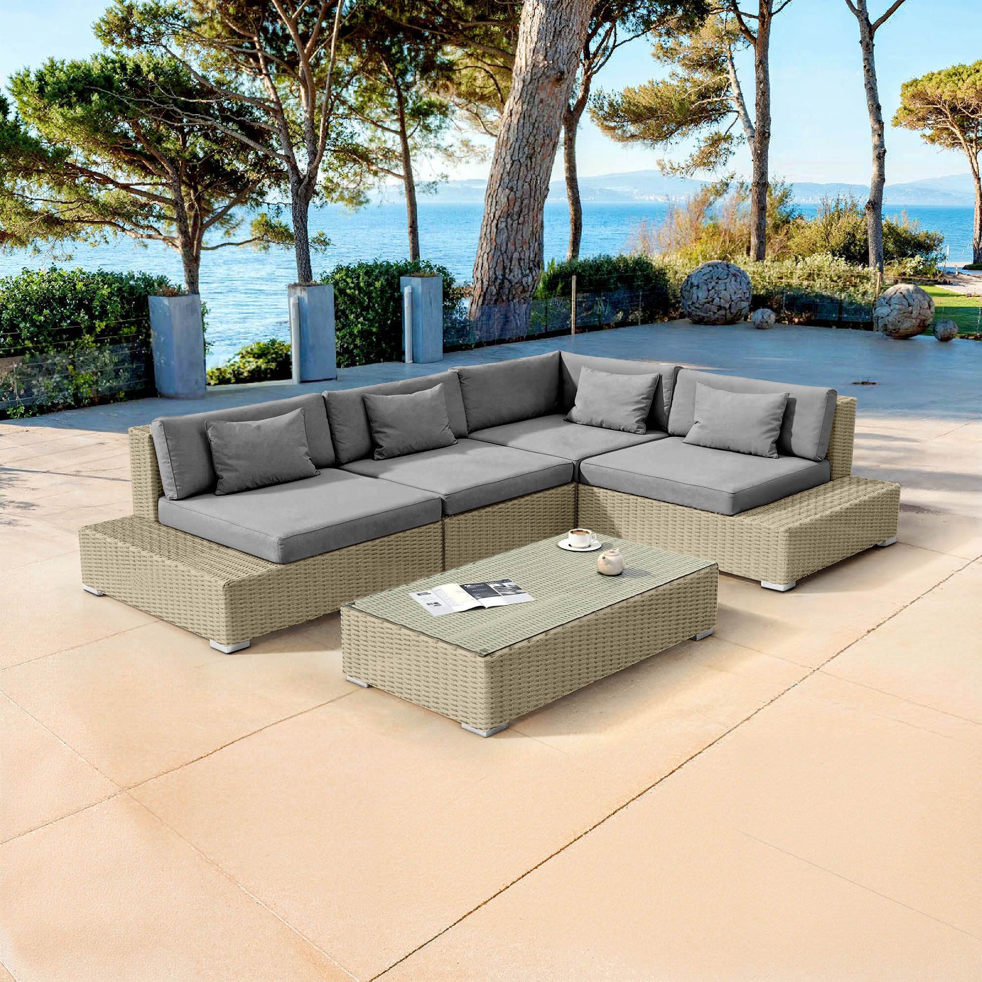 Salon de jardin d'angle en résine tressée 5 places Palma Gris et anthracite