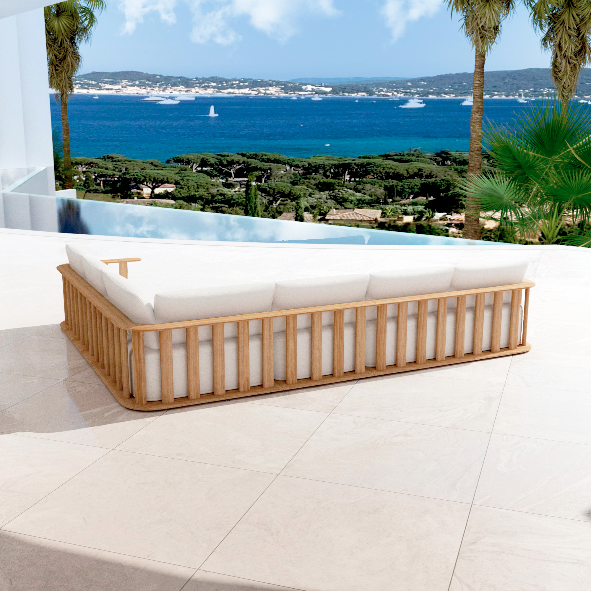 Salon de jardin d'angle en bois teck 6 places Java Ecru