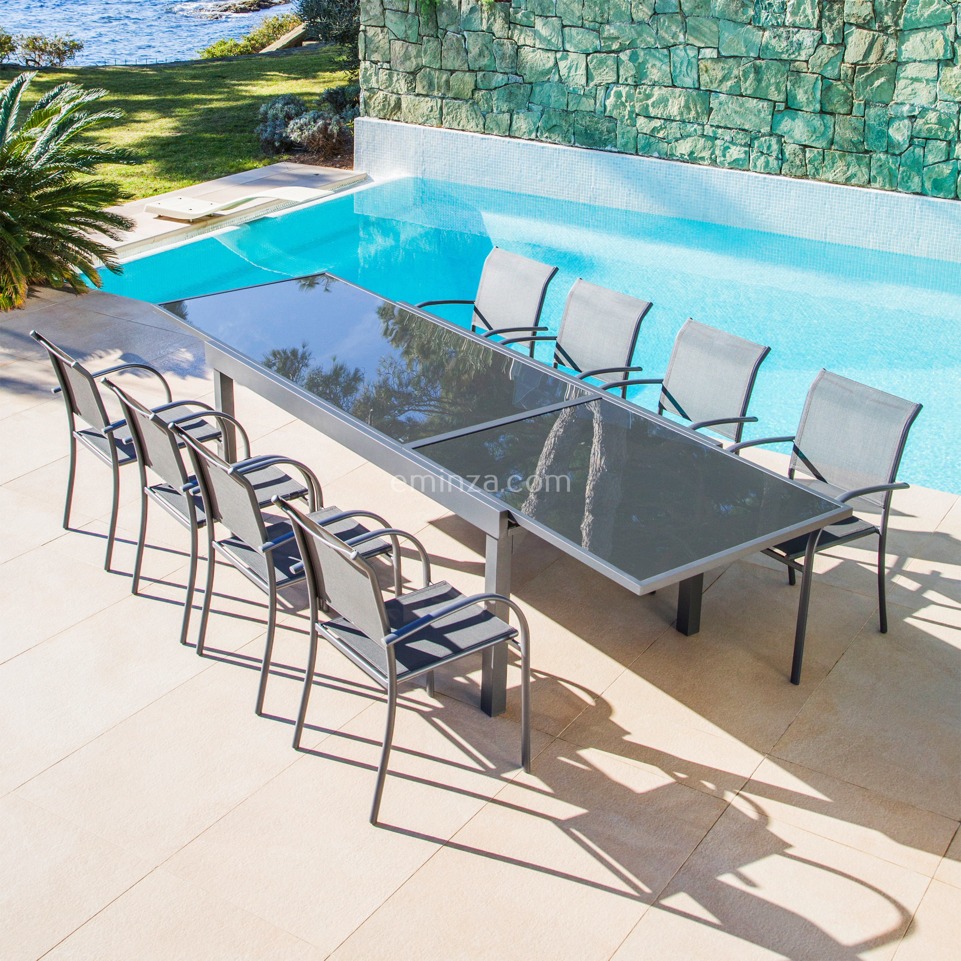 Table de jardin extensible en verre 12 places (200/320 x 100 cm) Murano Gris anthracite