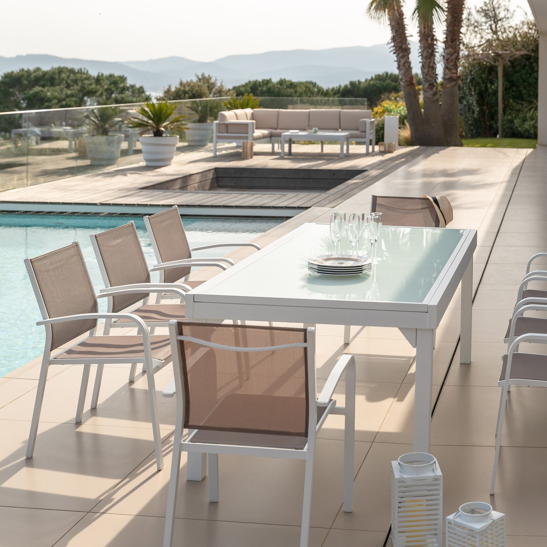 Table de jardin extensible en verre 12 places (200/320 x 100 cm) Murano Blanc