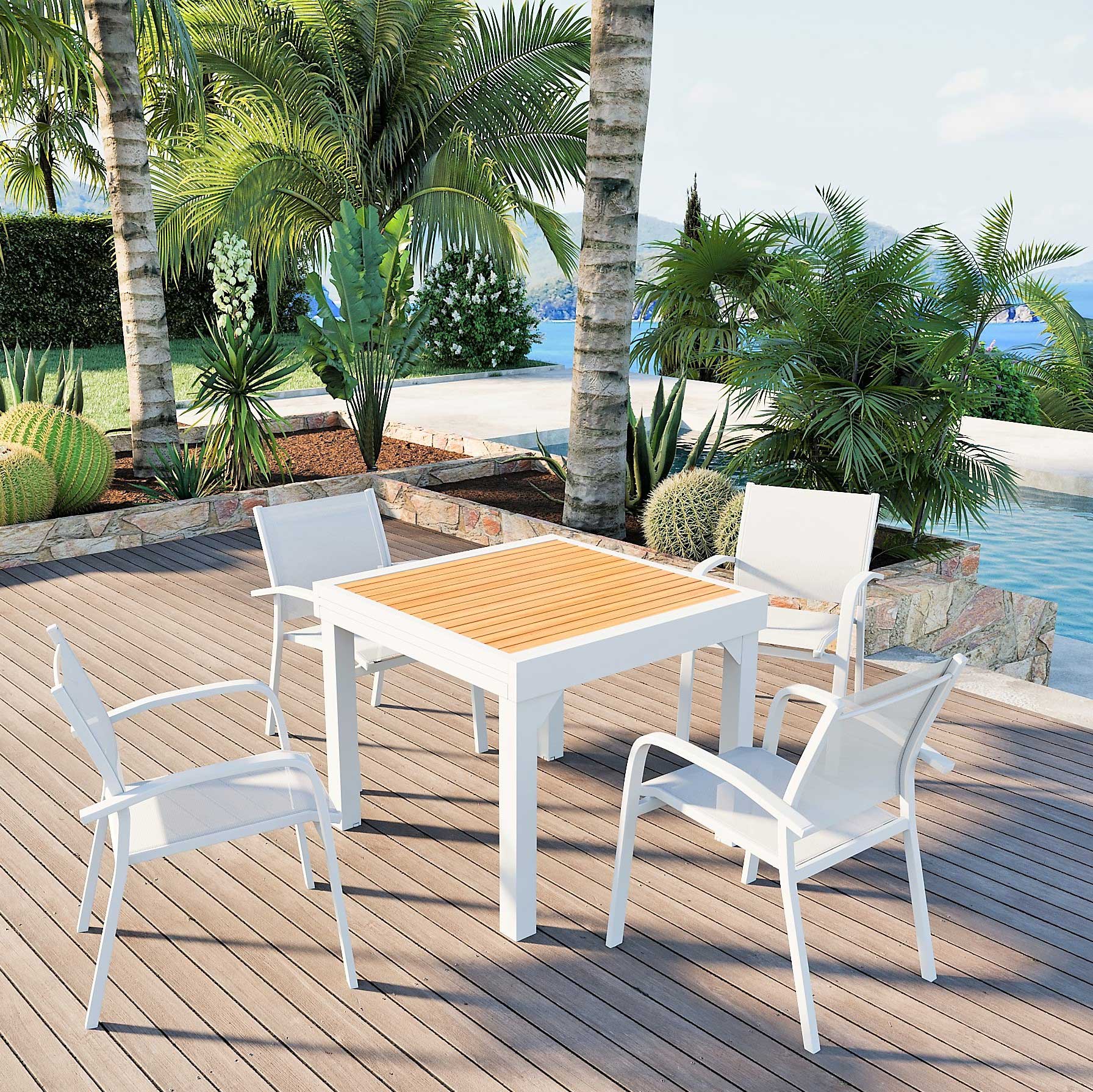 Table de jardin extensible en aluminium 8 places effet bois (90/180 x 90 cm) Murano Blanc