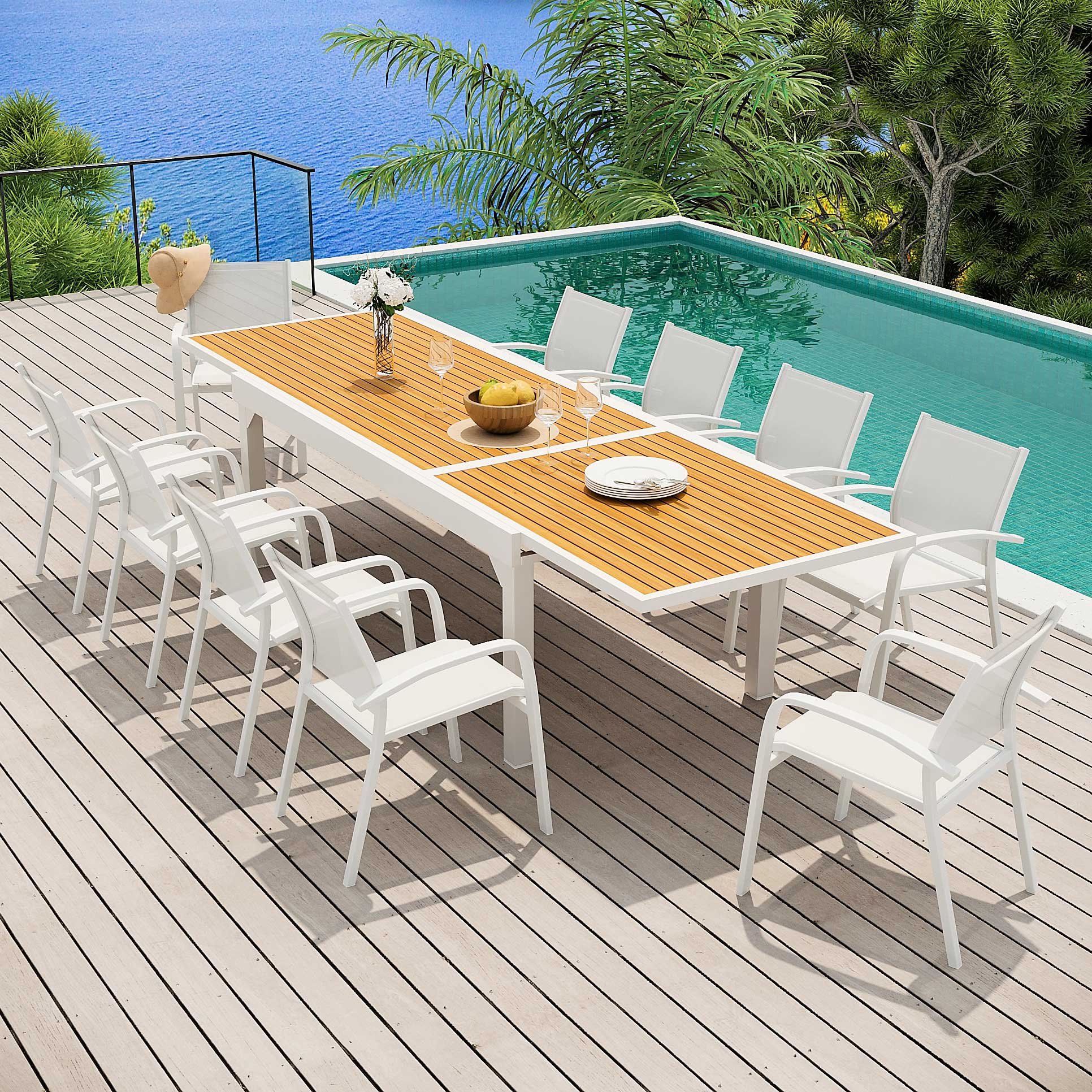 Table de jardin extensible en aluminium 12 places effet bois (200/320 x 100 cm) Murano Blanc