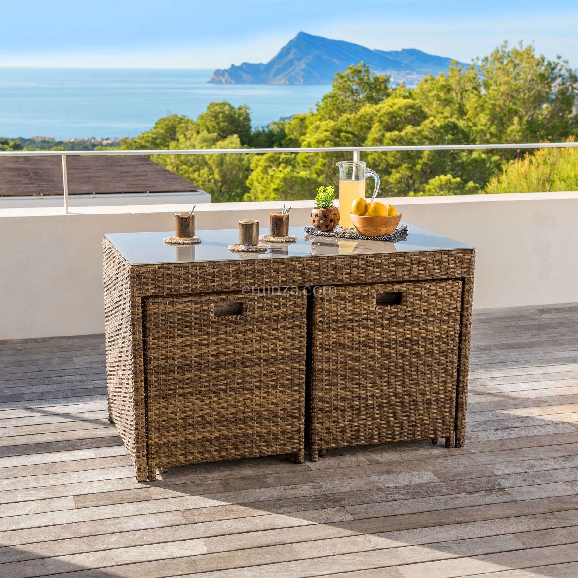 Salon de jardin encastrable résine tressée 4 places Menorca Sépia et beige