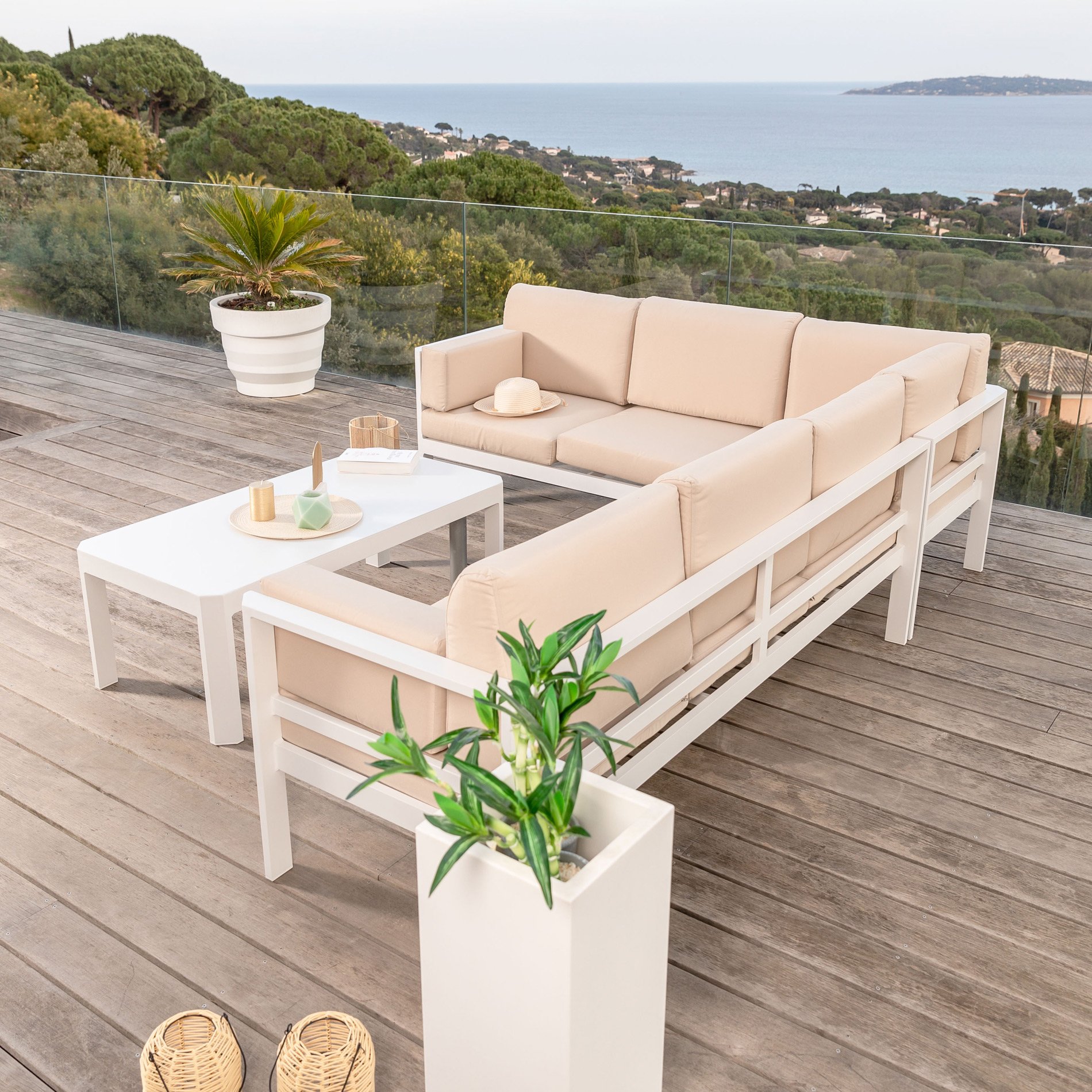 Salon de jardin d'angle en aluminium 6 places Ostara Blanc et taupe