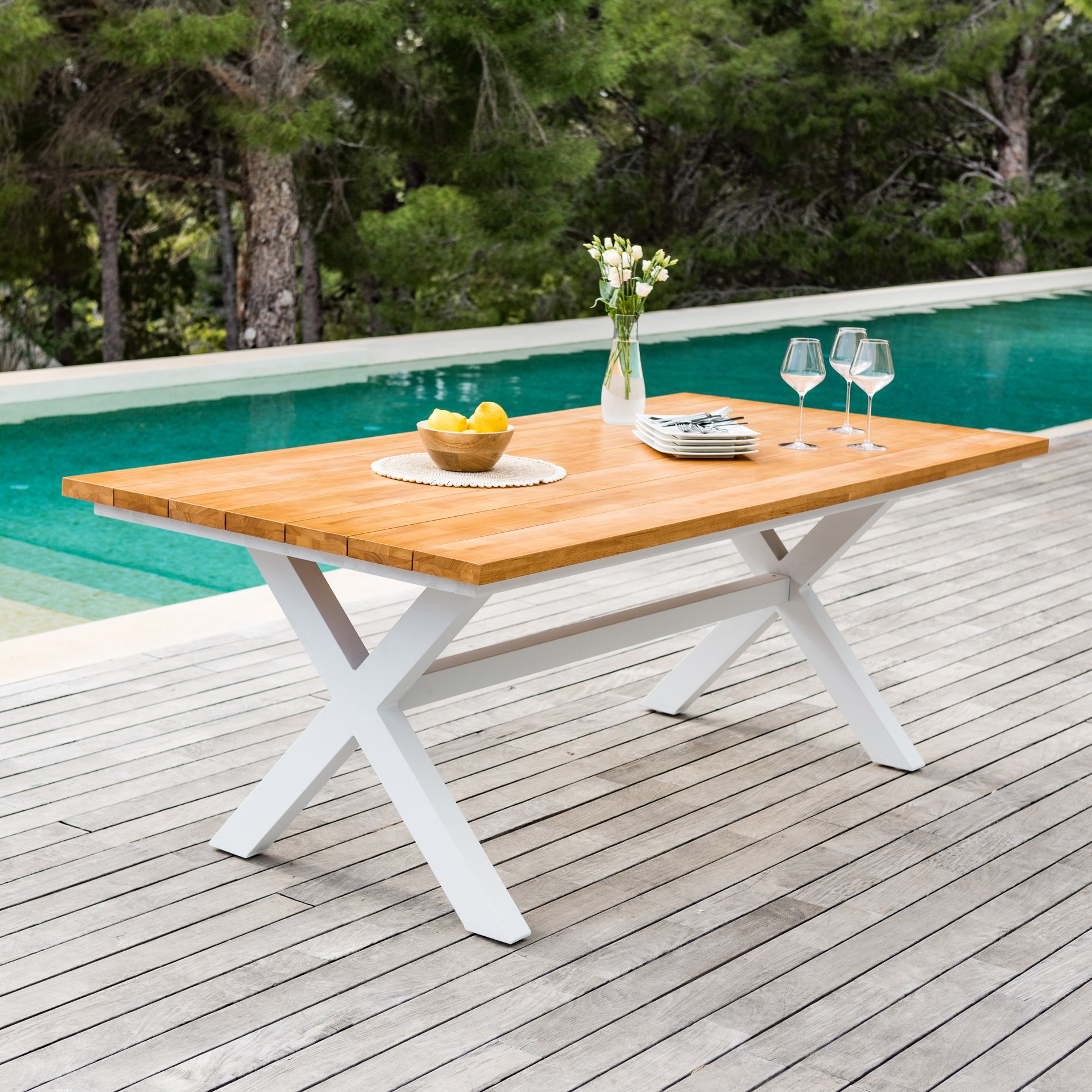 Table de jardin en aluminium et bois teck 8 places (200 x 100 cm) Bali Blanc