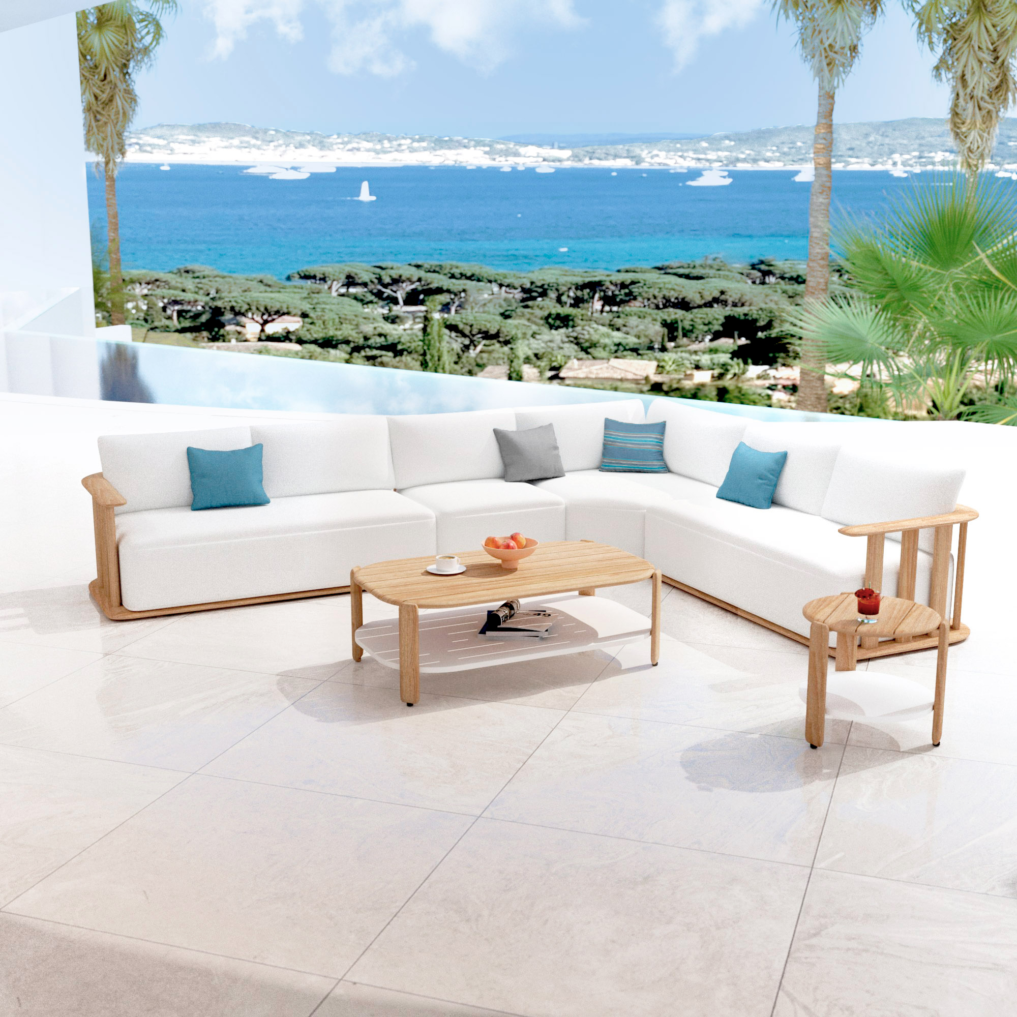 Salon de jardin d'angle en bois teck 6 places Java Ecru