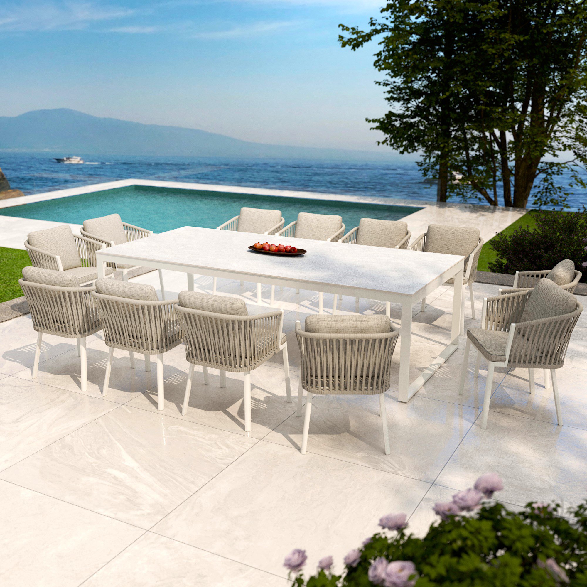 Table de jardin en aluminium et céramique 12 places (260 x 120 cm) Kore Blanc et gris clair