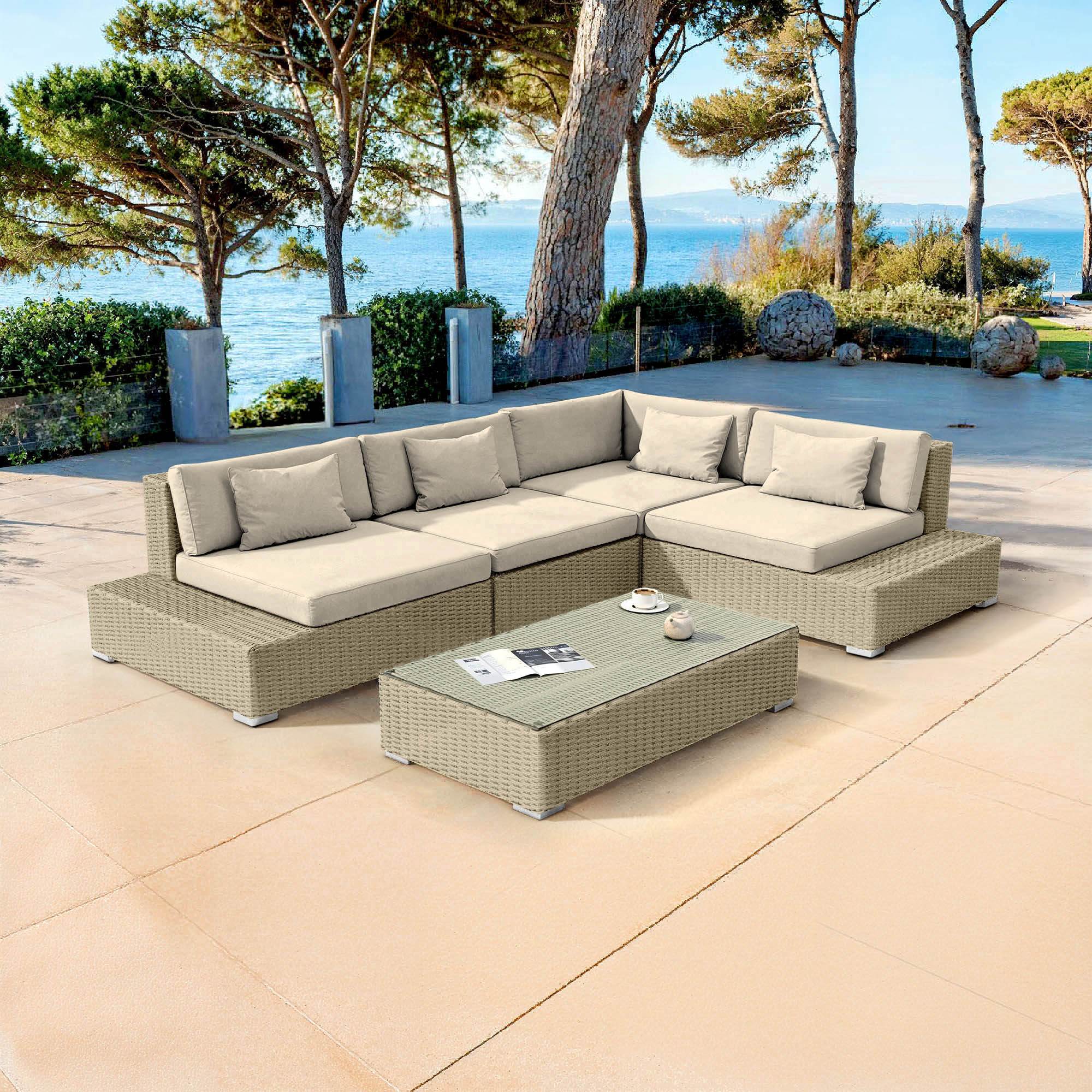 Salon de jardin d'angle en résine tressée 5 places Palma Gris et beige