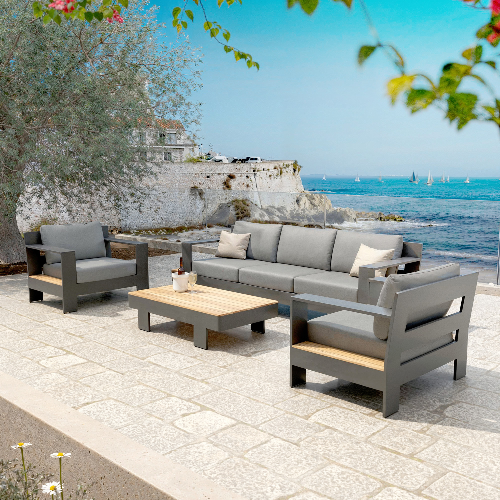 Salon de jardin aluminium et bois teck 5 places Antibes Gris anthracite