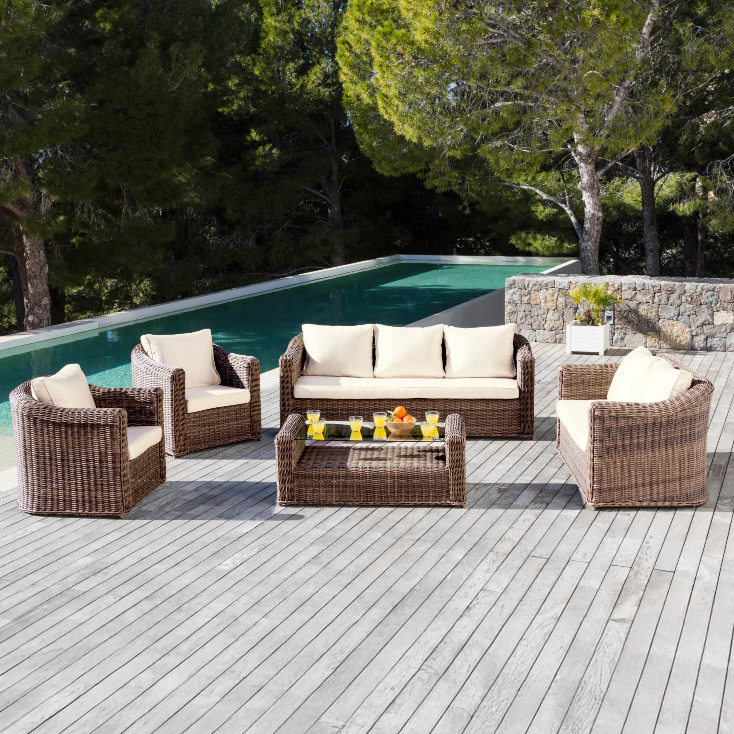 Salon de jardin en résine tressée 7 places 5 pcs Calvi Sepia et beige