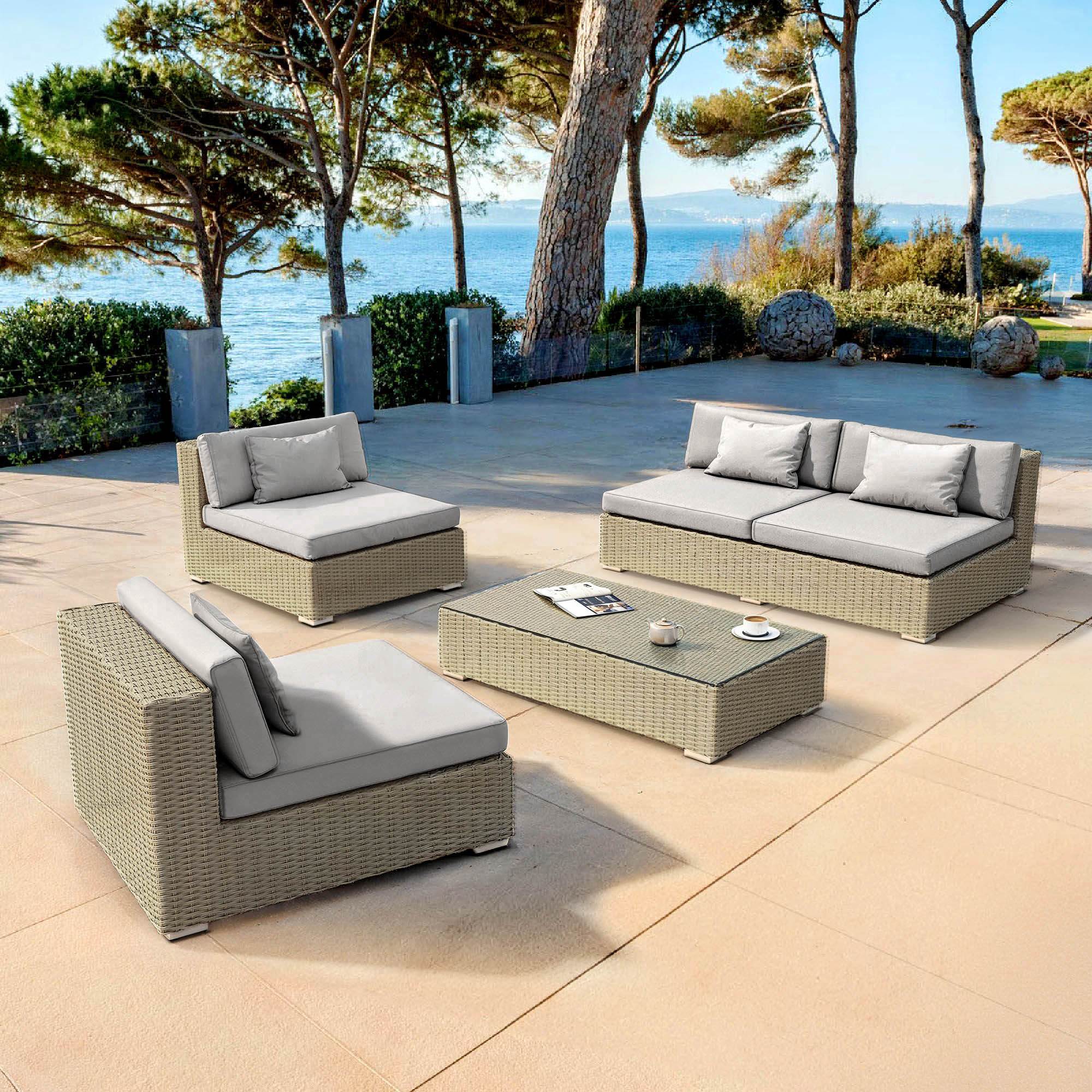 Salon de jardin en résine tressée 4 places 4 pcs Palma Gris