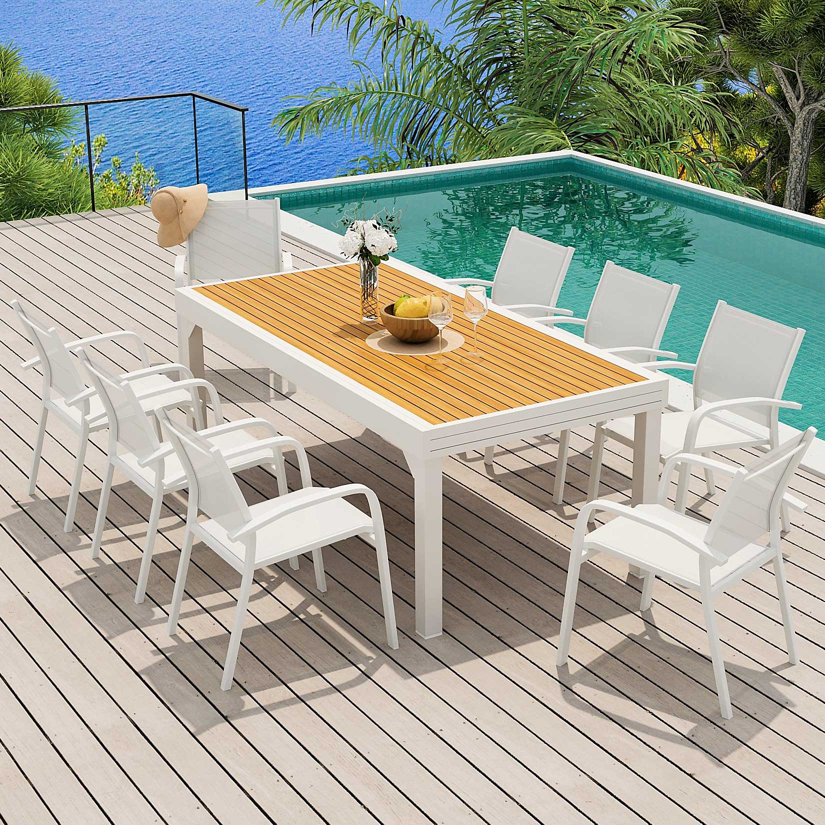 Table de jardin extensible en aluminium 12 places effet bois (200/320 x 100 cm) Murano Blanc