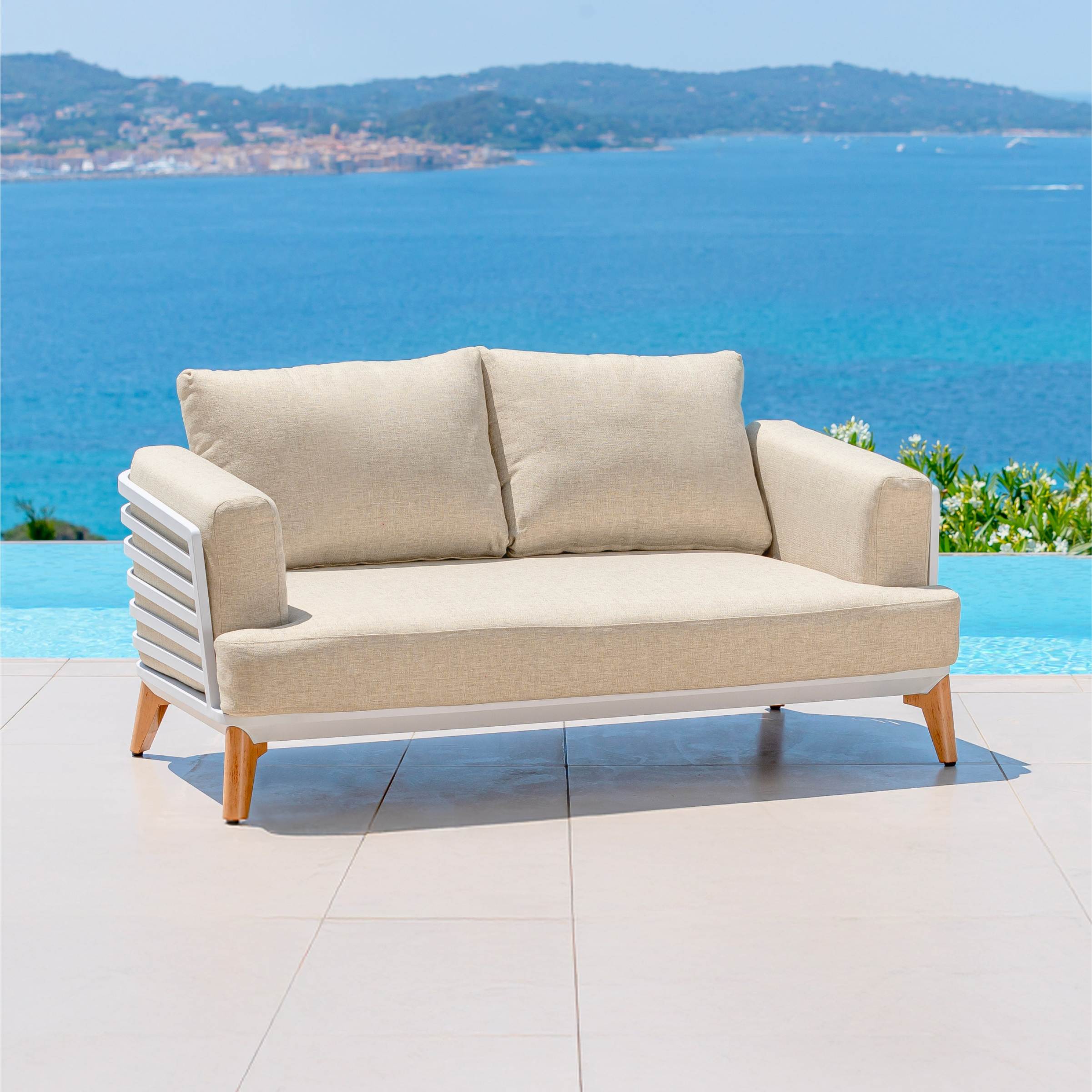 Salon de jardin aluminium 9 places 12 pcs Monte Carlo Blanc et beige