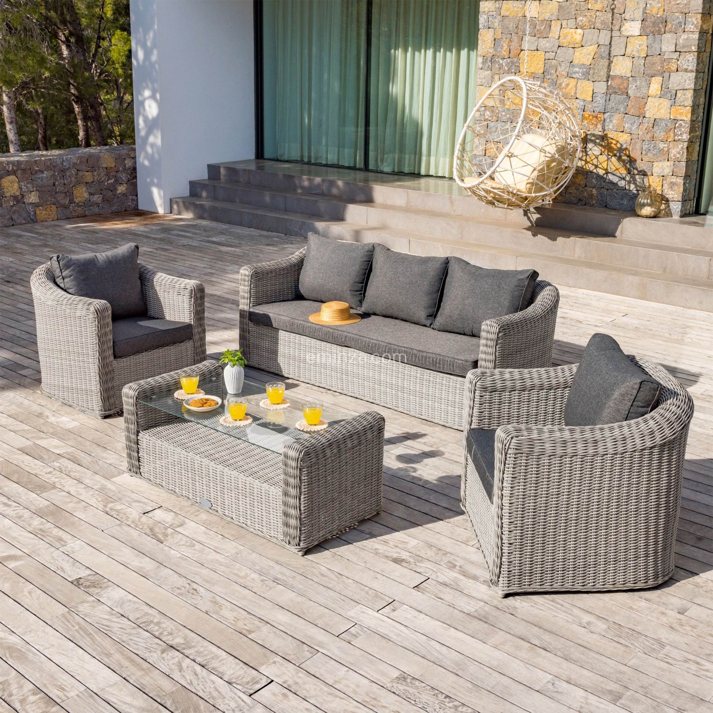 Salon de jardin en résine tressée 5 places 4 pcs Calvi Gris et gris foncé