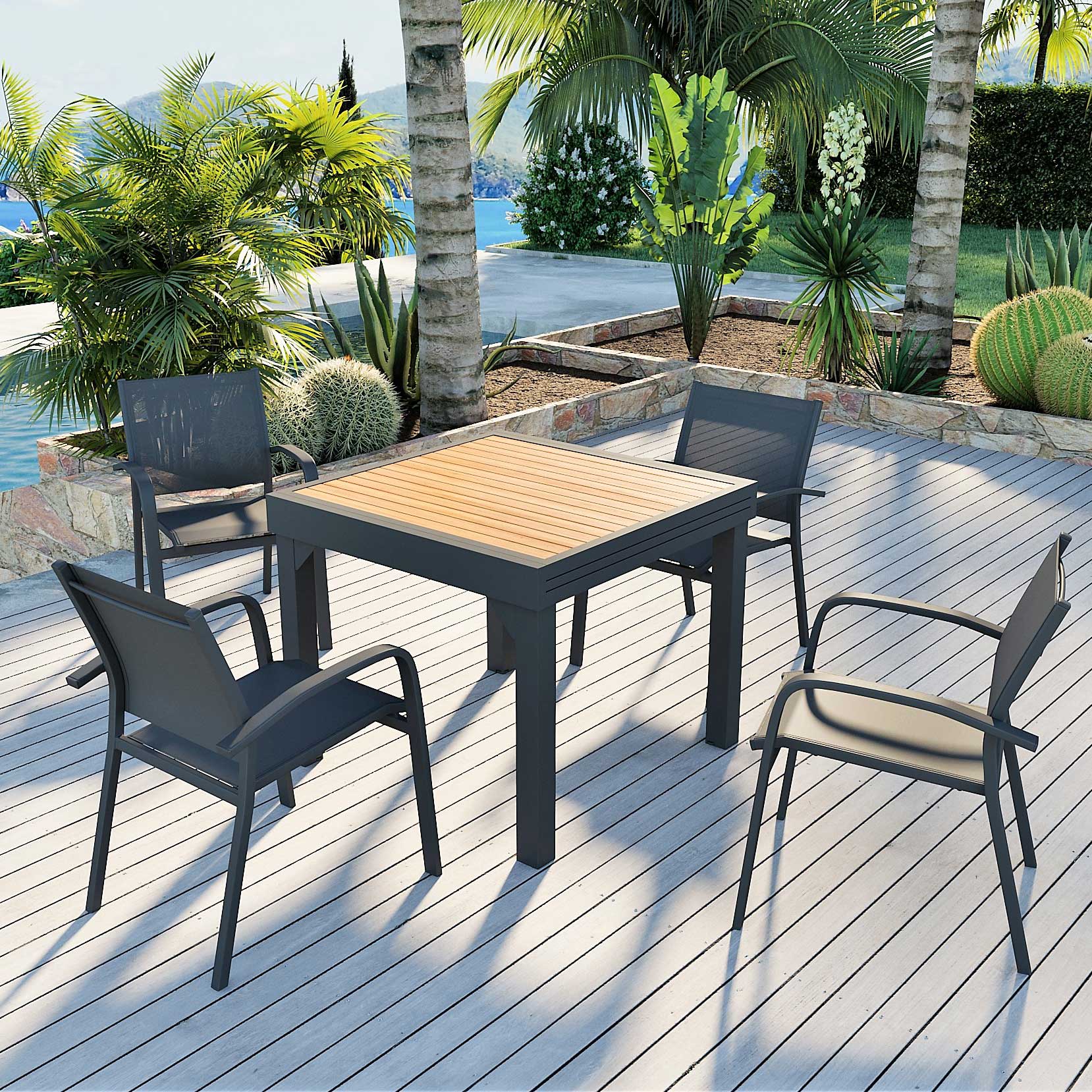 Table de jardin extensible en aluminium 8 places effet bois (90/180 x 90 cm) Murano Gris anthracite
