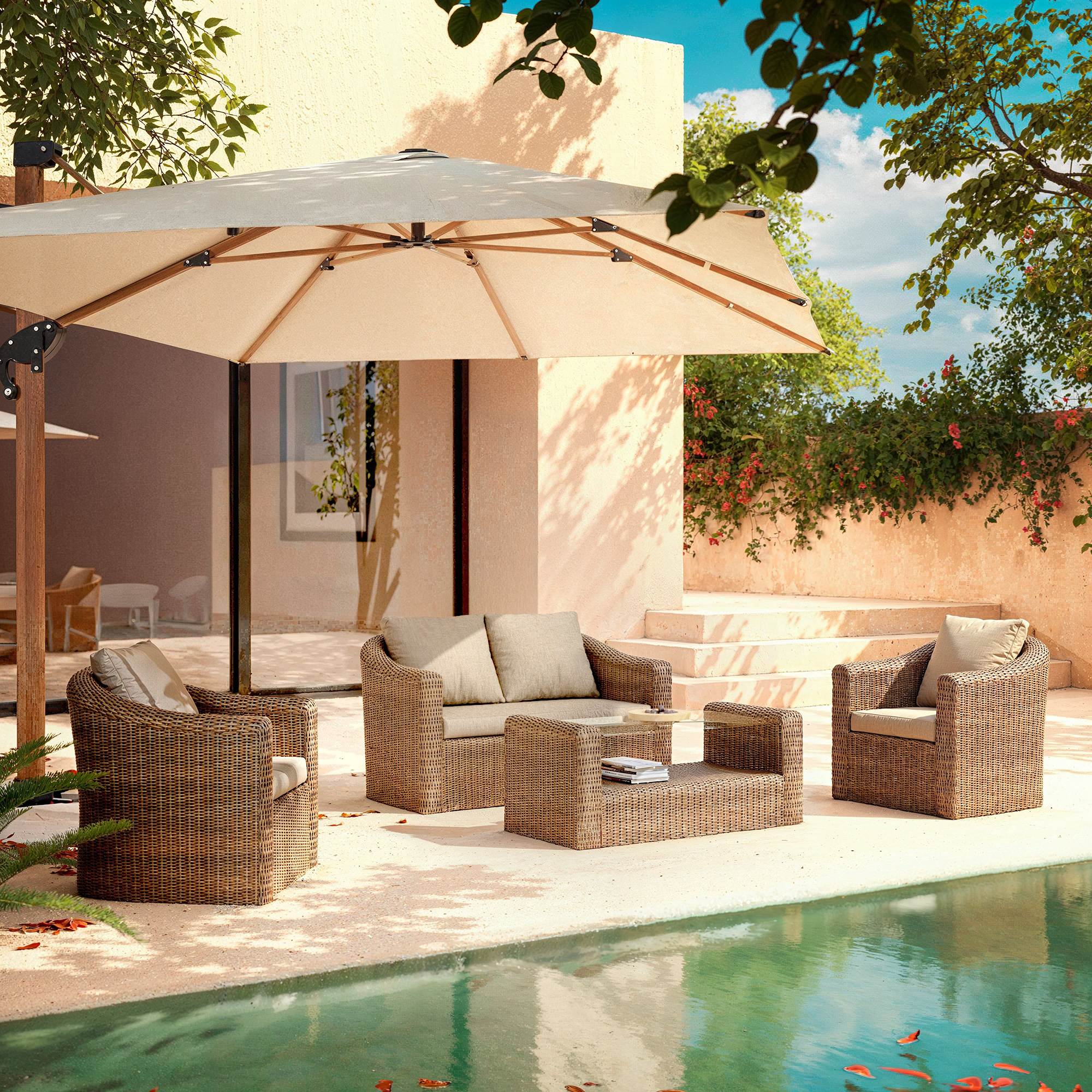 Salon de jardin en résine tressée 4 places 4 pcs Calvi Sepia et taupe