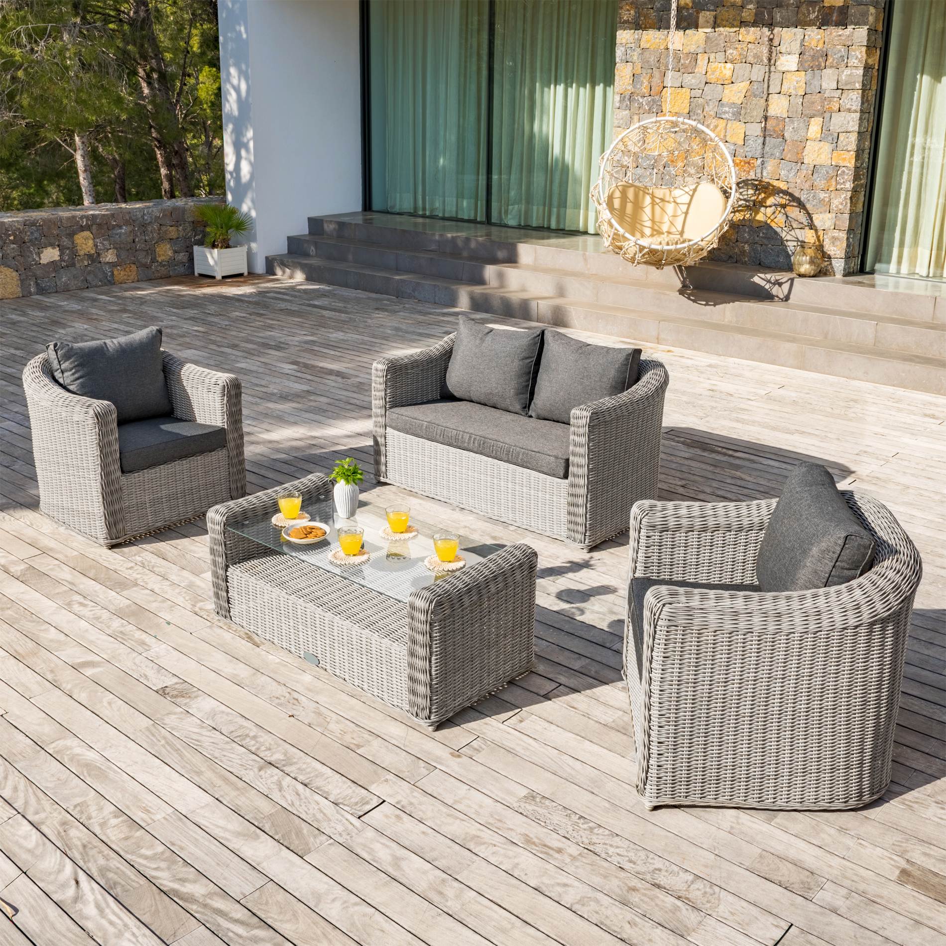 Salon de jardin en résine tressée 4 places 4 pcs Calvi Gris et gris foncé