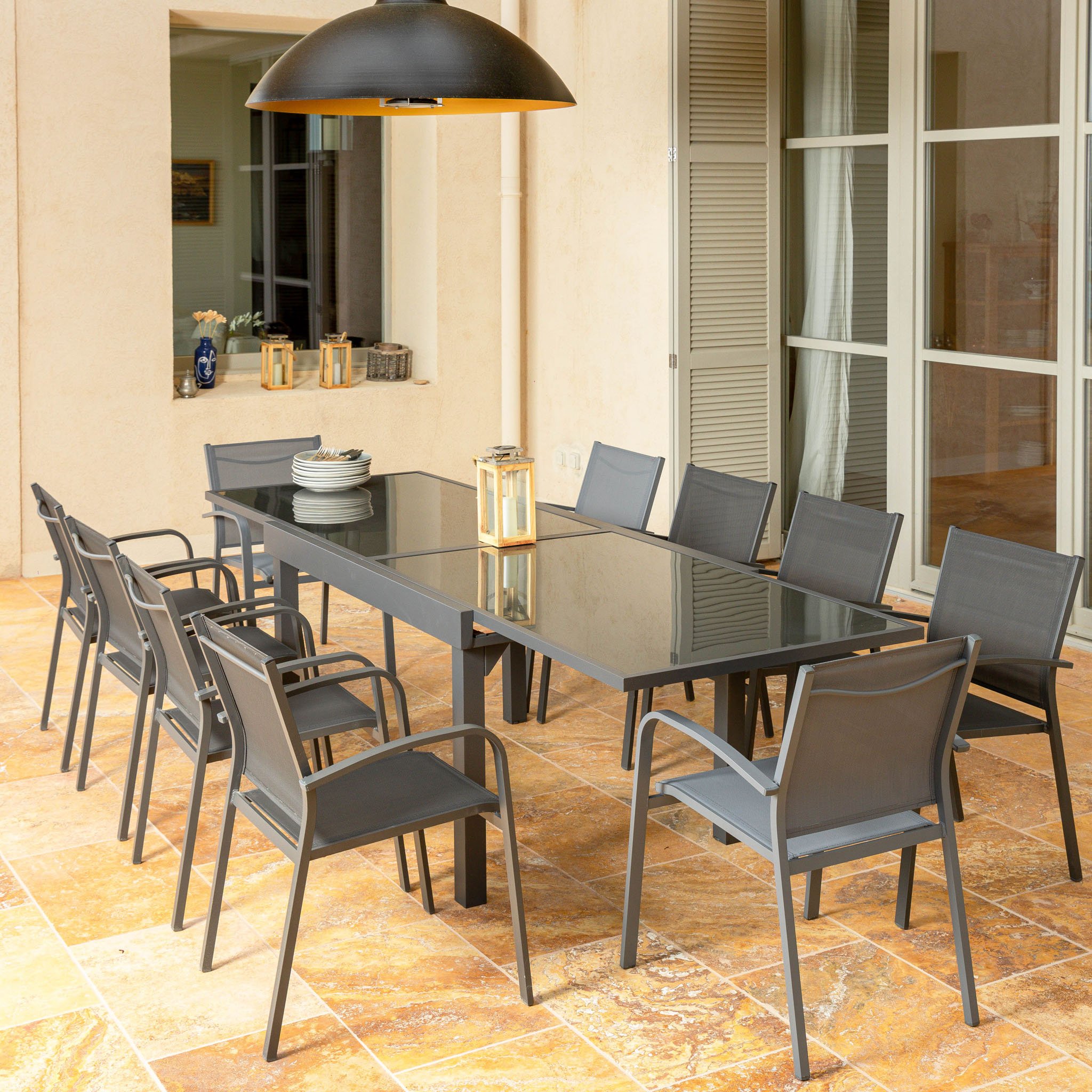 Table de jardin extensible en verre 10 places (135/270 x 90 cm) Murano Gris anthracite