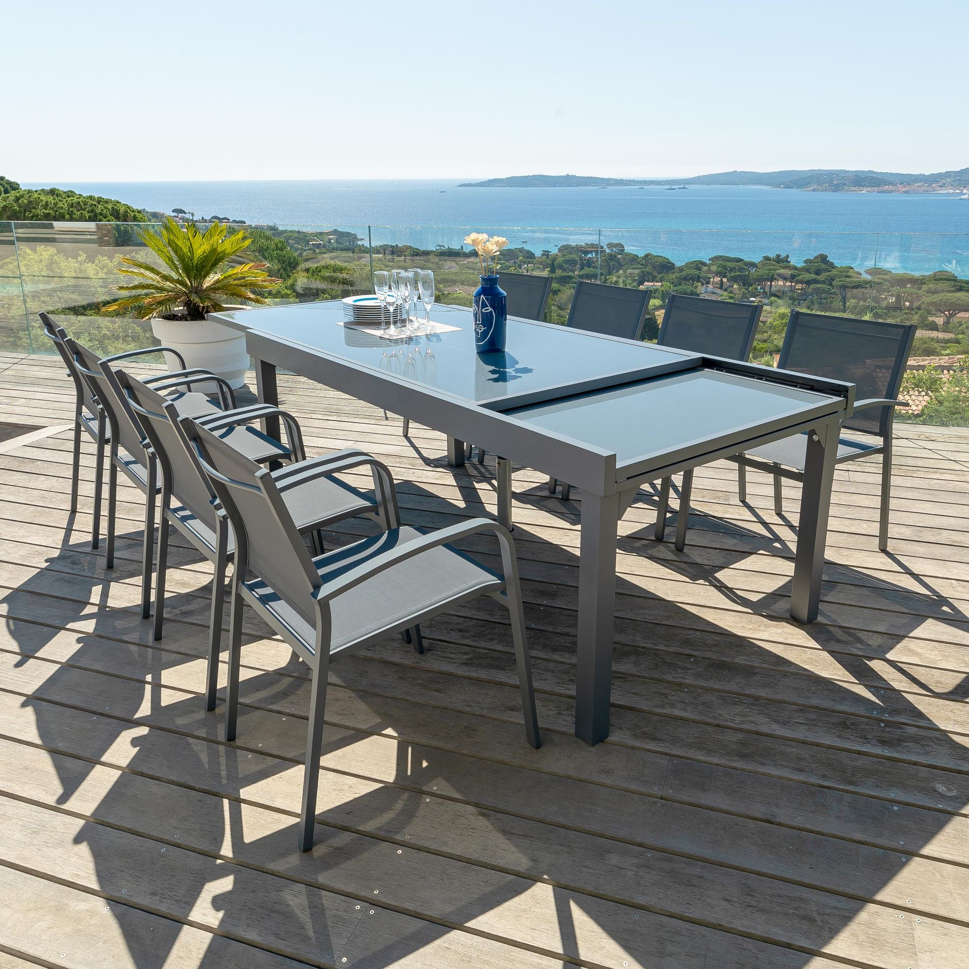 Table de jardin extensible en verre 12 places (200/320 x 100 cm) Murano Gris anthracite