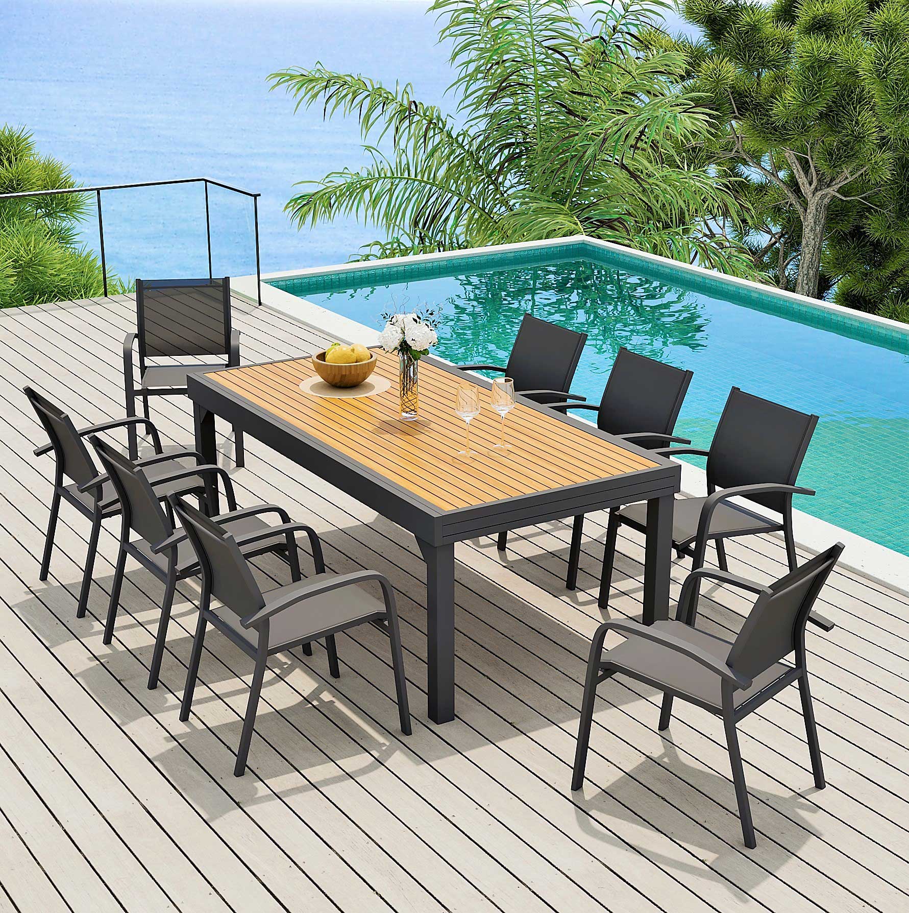 Table de jardin extensible en aluminium 12 places effet bois (200/320 x 100 cm) Murano Gris anthracite