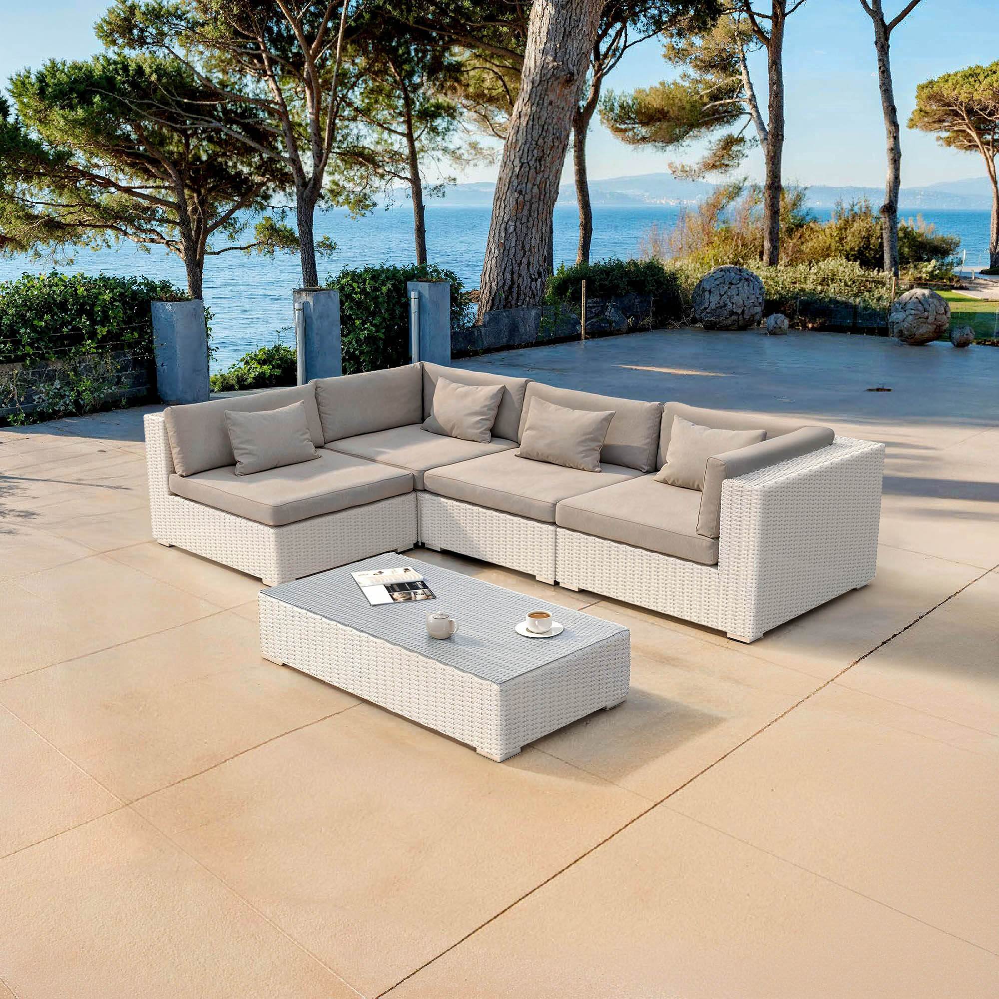 Salon de jardin en résine tressée 4 places 5 pcs Palma Blanc et taupe
