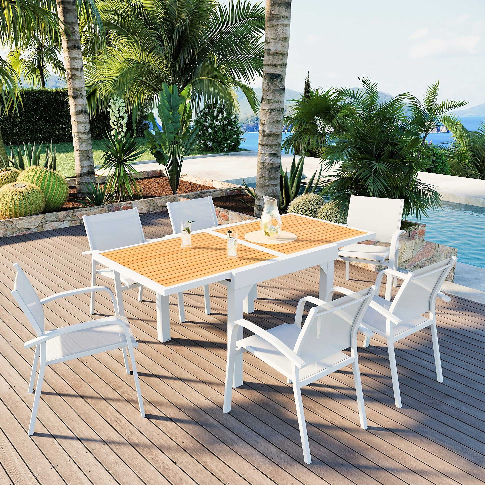 Table de jardin extensible en aluminium 8 places effet bois (90/180 x 90 cm) Murano Blanc