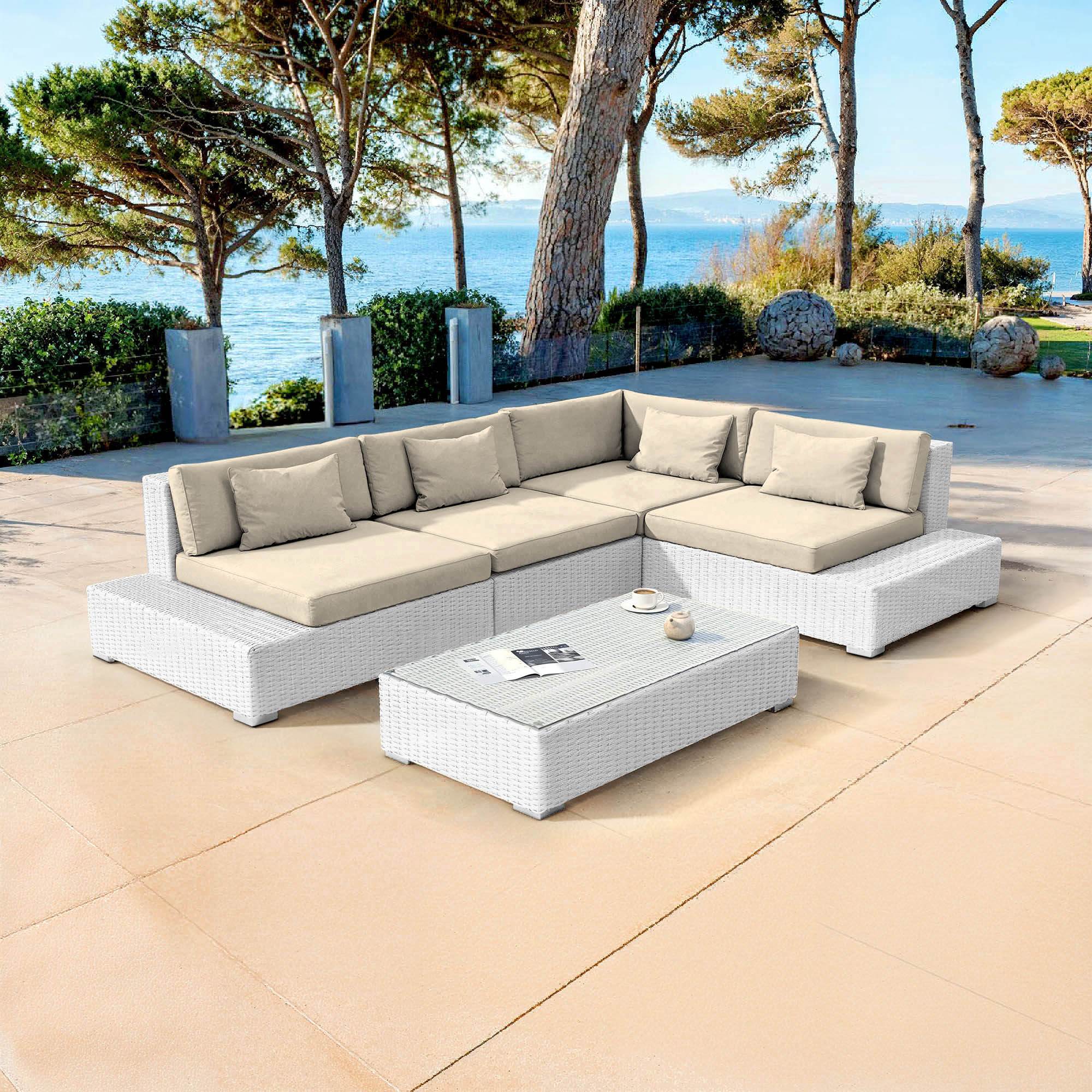 Salon de jardin d'angle en résine tressée 5 places Palma Blanc et beige