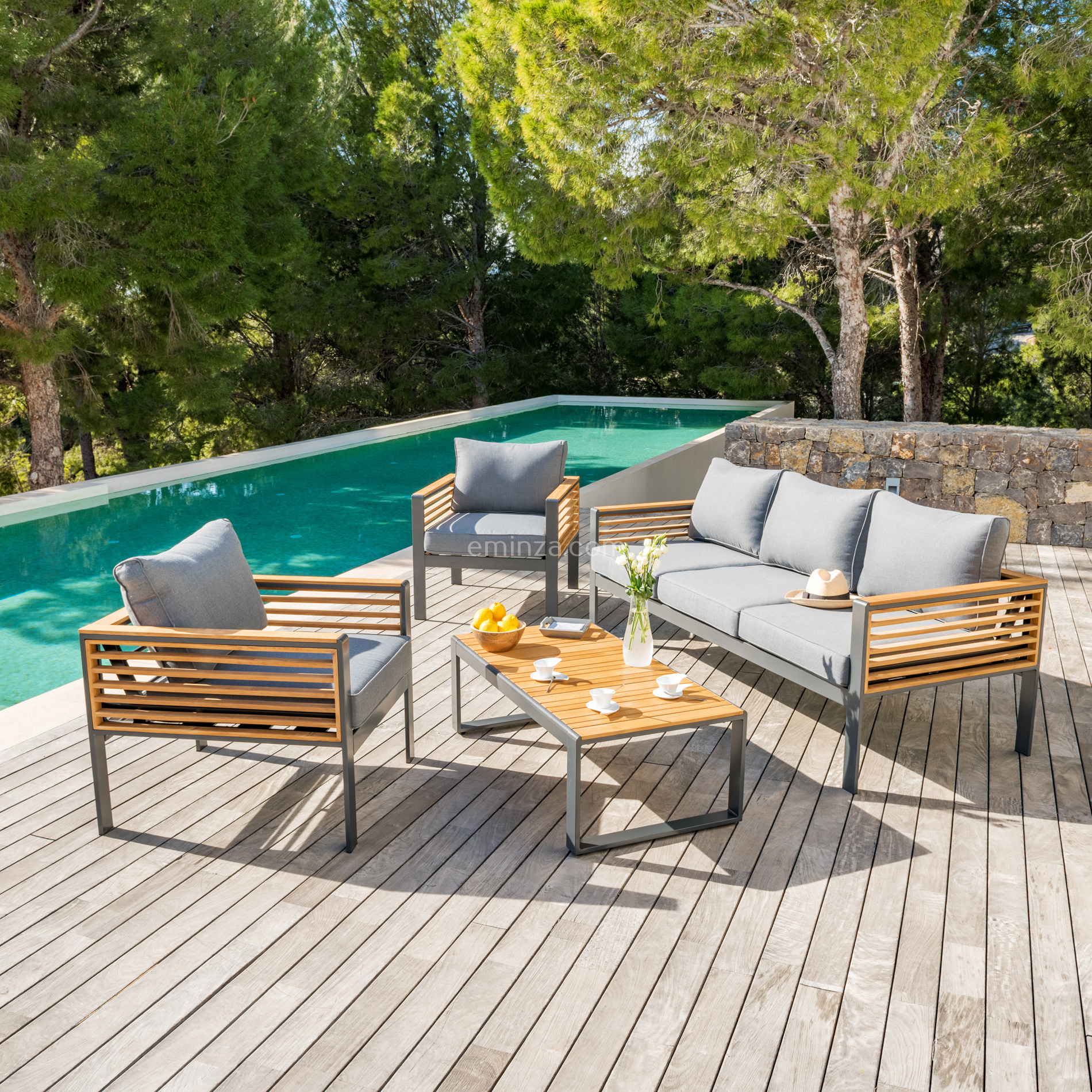 Salon de jardin aluminium et bois teck 5 places Bali Gris anthracite et ardoise