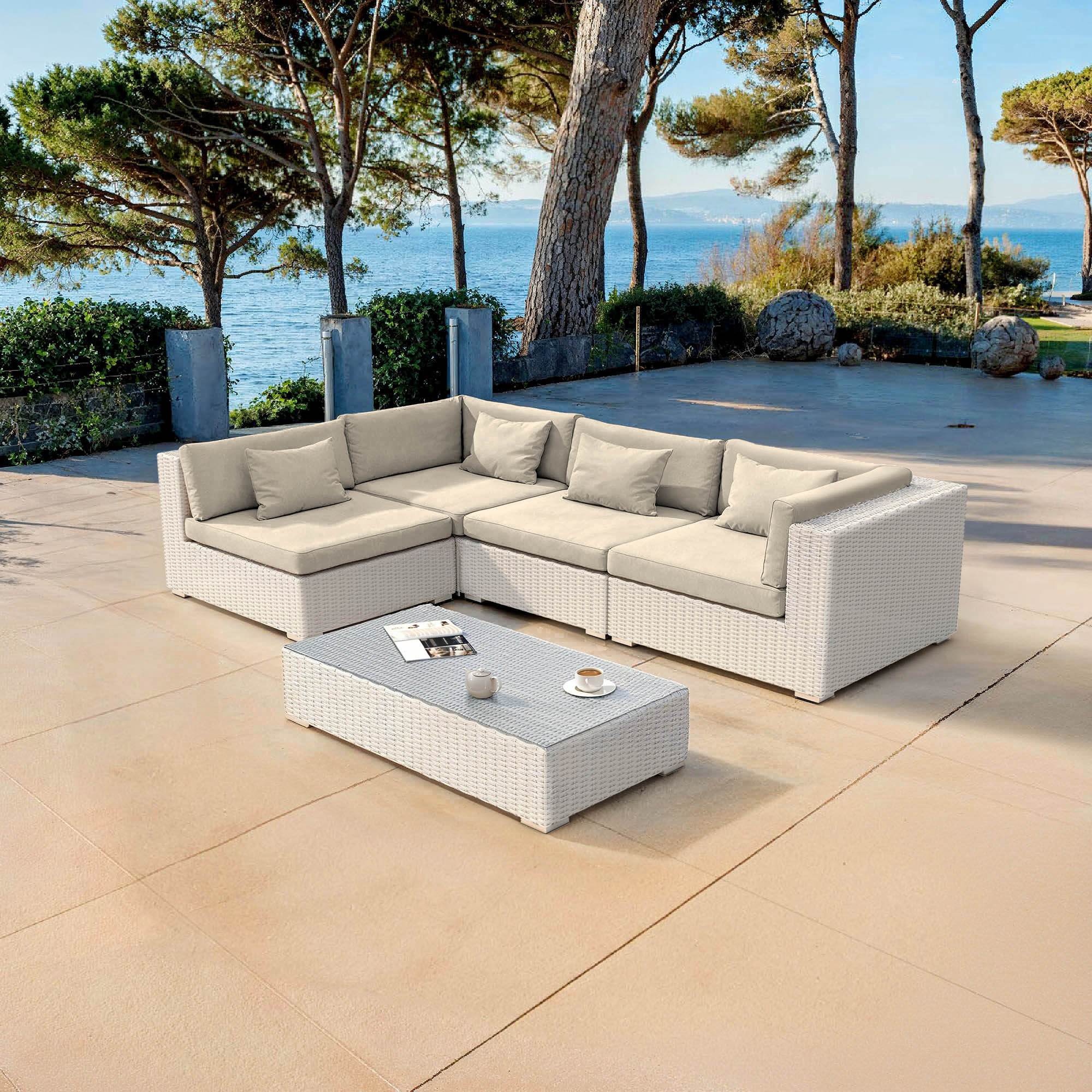 Salon de jardin en résine tressée 4 places 5 pcs Palma Blanc et beige