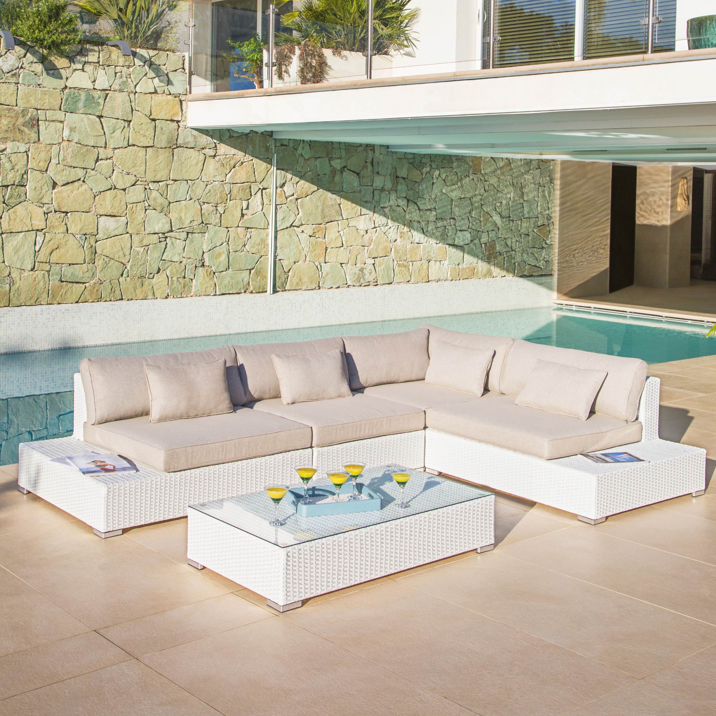 Salon de jardin d'angle en résine tressée 5 places Palma Blanc et taupe